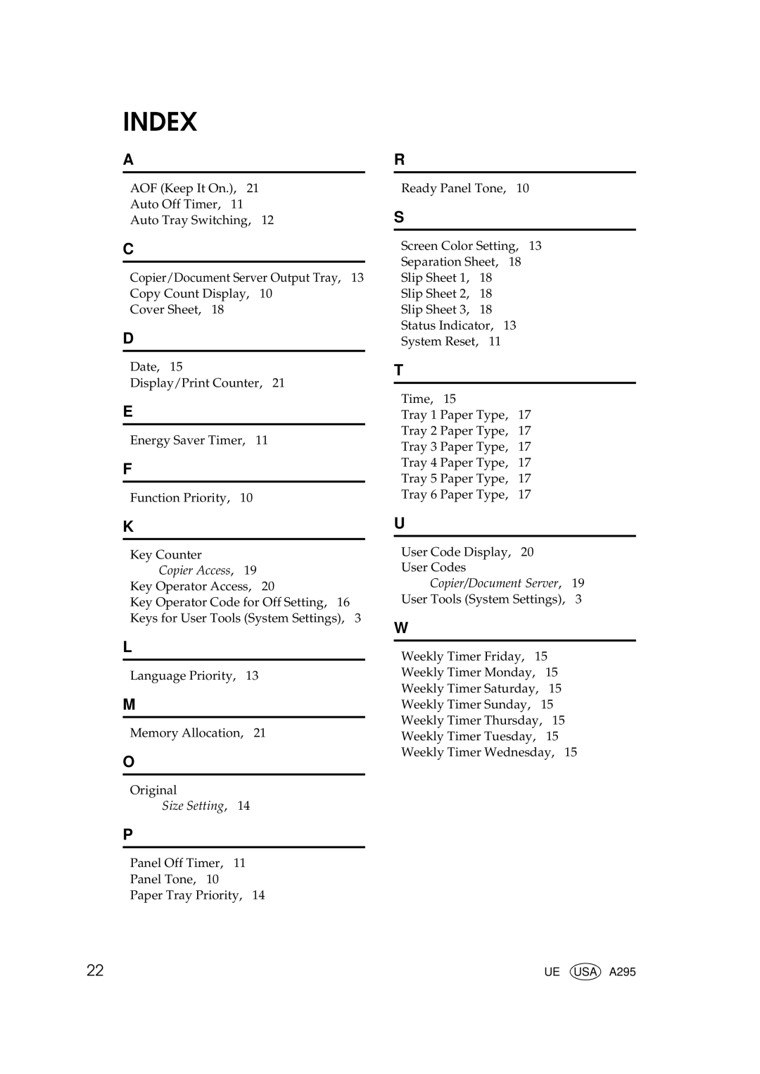 Savin 8502, 2585, 10502 manual Index 