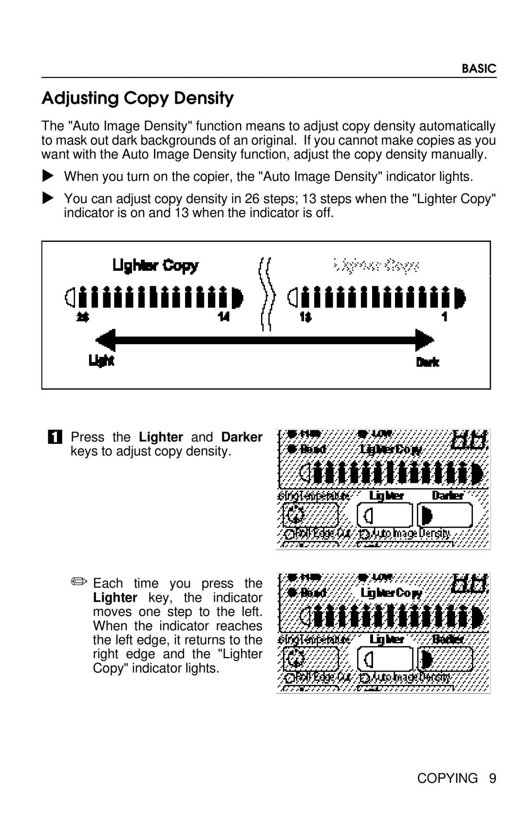 Savin 8700W manual Adjusting Copy Density, Press the Lighter and Darker keys to adjust copy density 