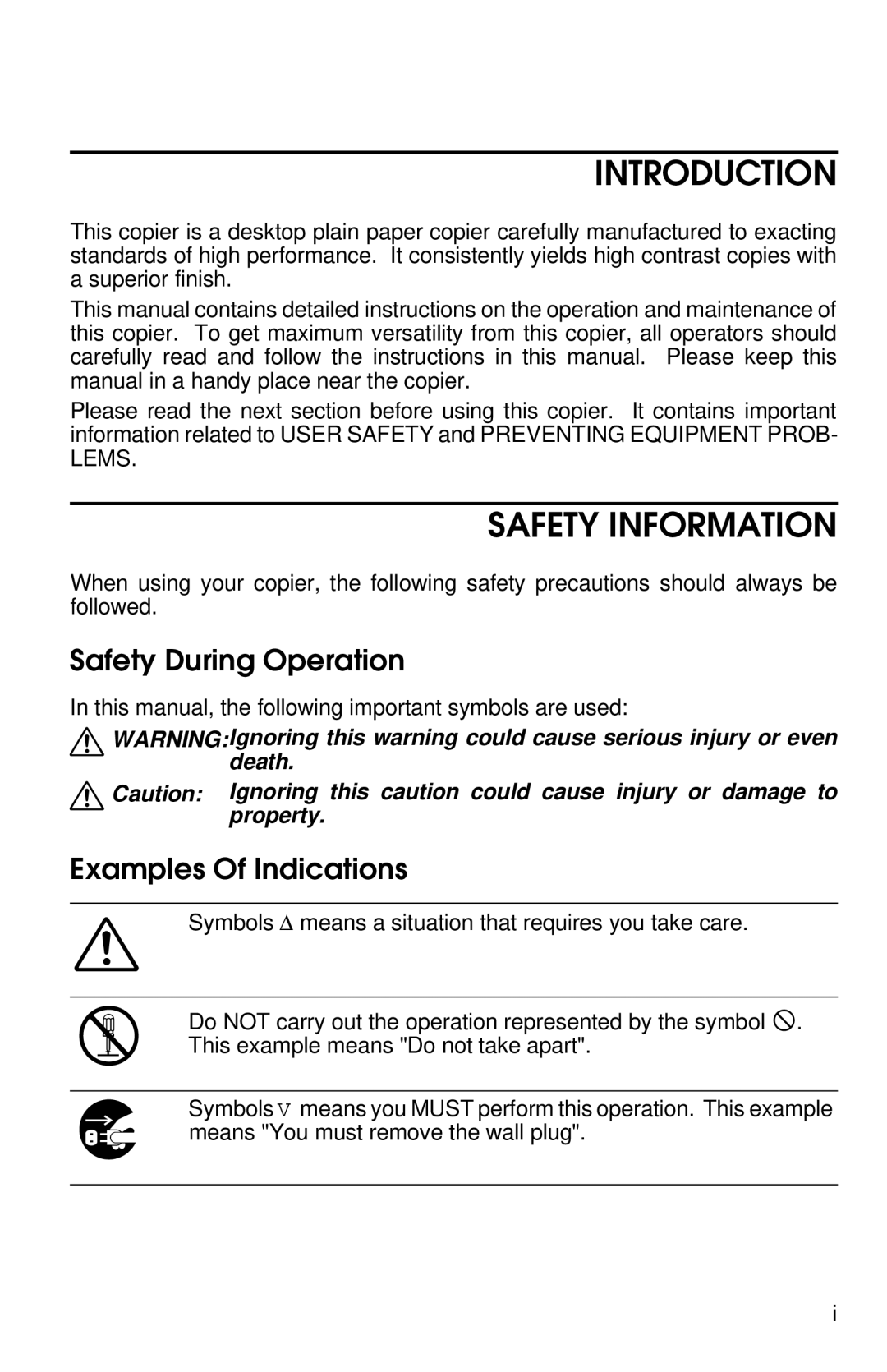 Savin 8700W manual Introduction, Safety Information, Safety During Operation, Examples Of Indications 