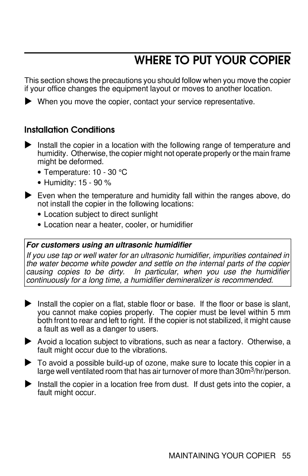 Savin 8700W manual Where to PUT Your Copier, Installation Conditions 