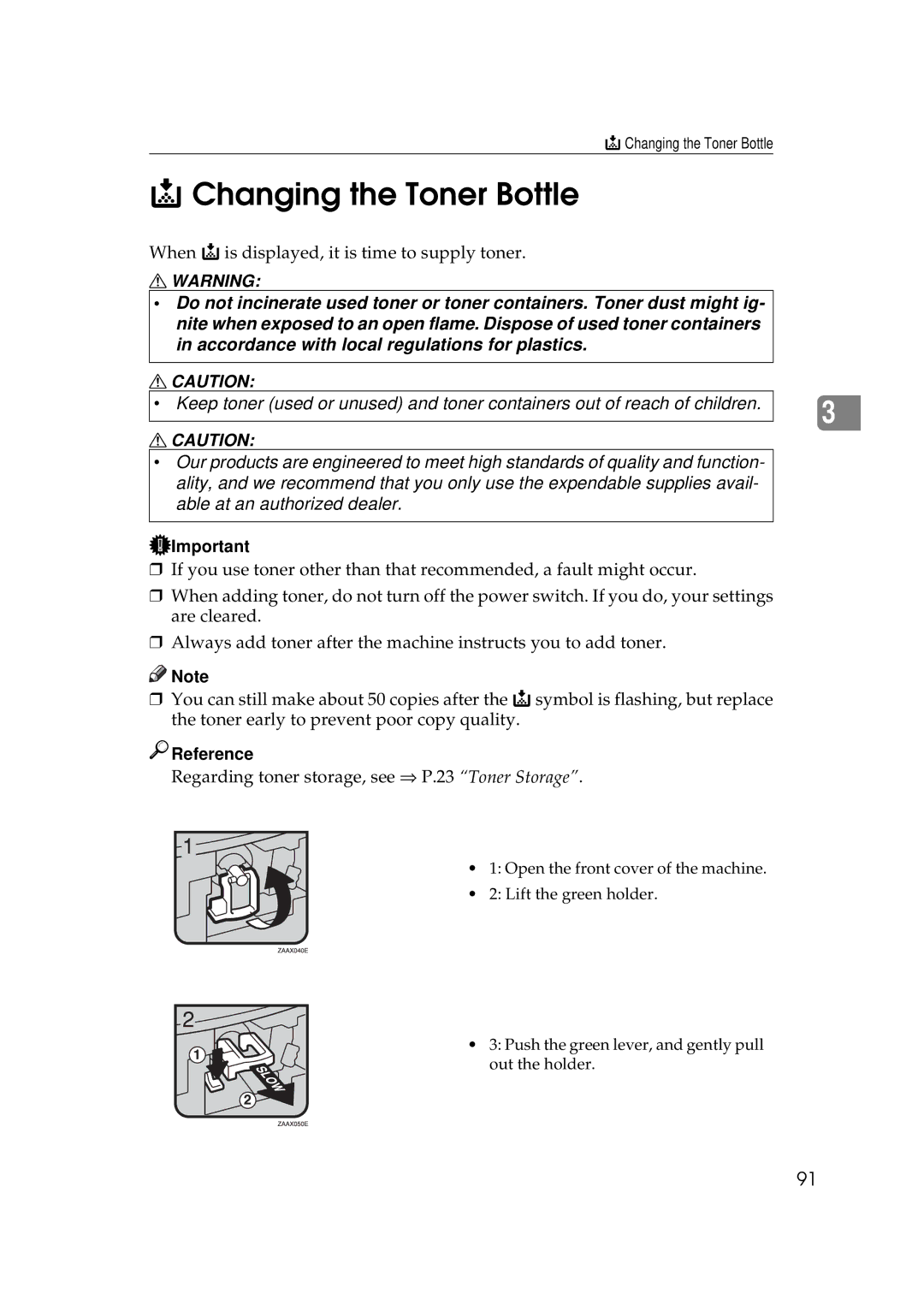 Savin 9927DP, 9922DP manual Changing the Toner Bottle, Regarding toner storage, see ⇒ P.23 Toner Storage 