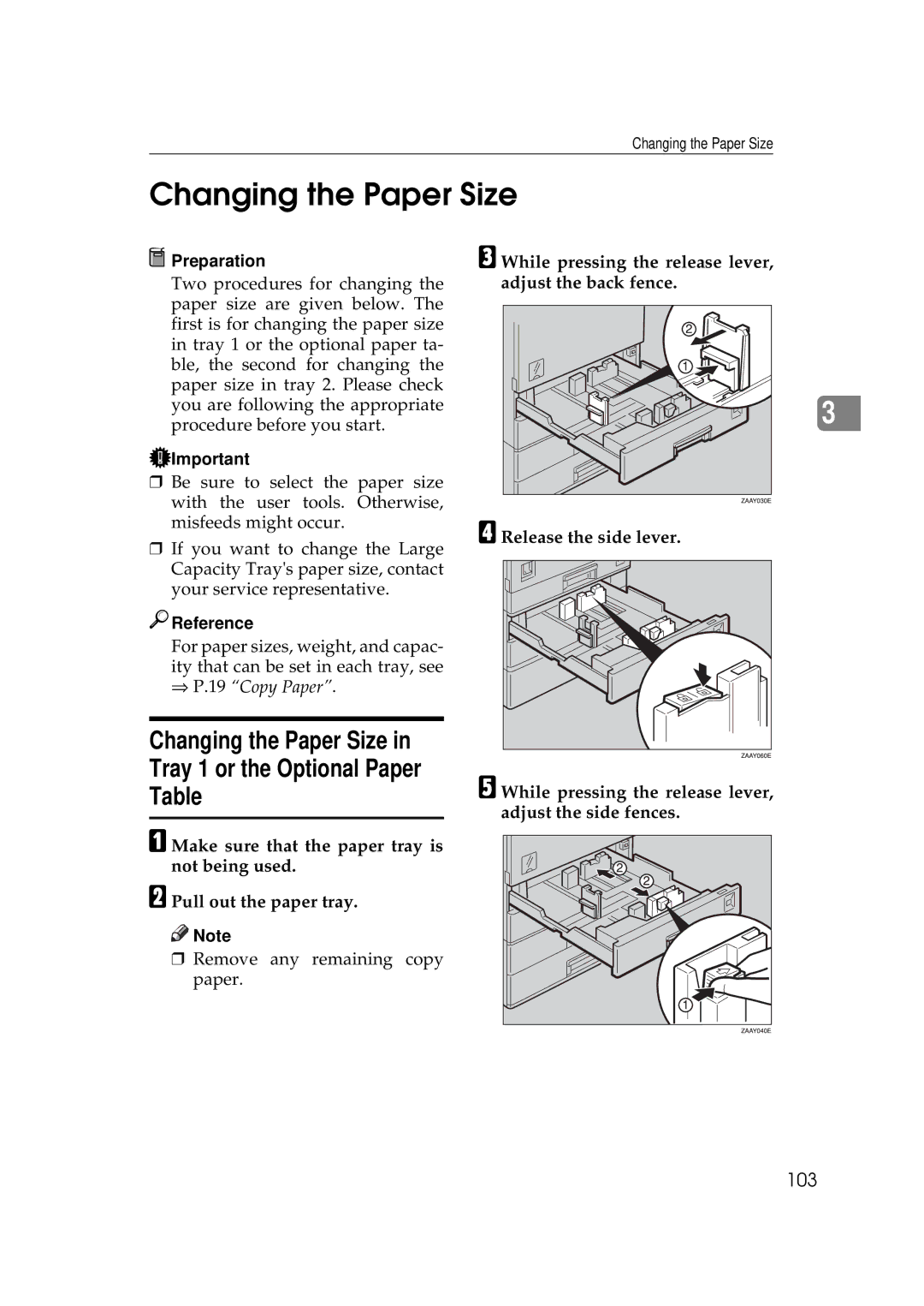 Savin 9927DP, 9922DP manual Changing the Paper Size, 103 