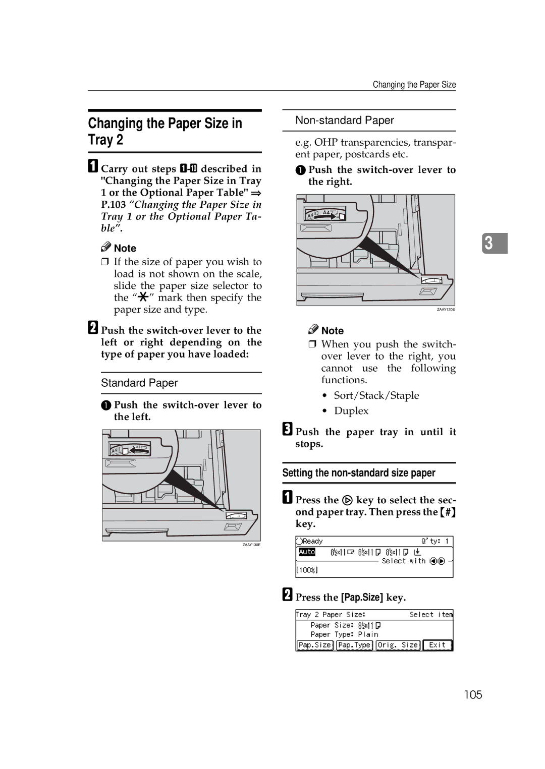 Savin 9927DP Changing the Paper Size in Tray, Standard Paper, Non-standard Paper, Setting the non-standard size paper, 105 