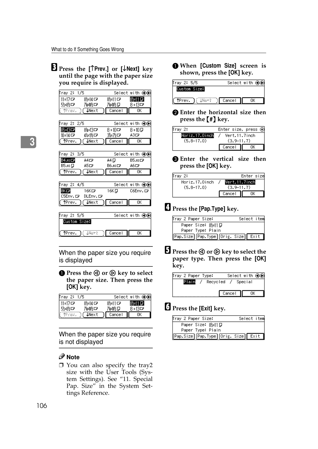 Savin 9922DP, 9927DP When the paper size you require is displayed, When the paper size you require is not displayed, 106 