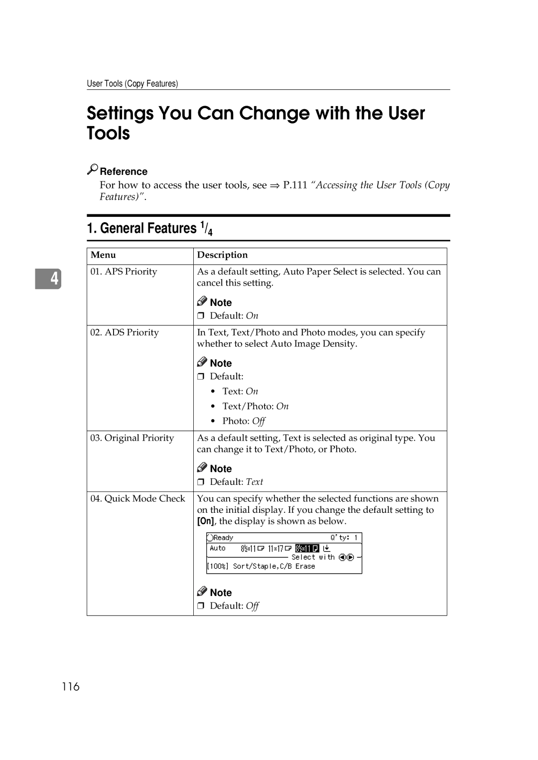 Savin 9922DP, 9927DP manual Settings You Can Change with the User Tools, General Features 1/4, 116 