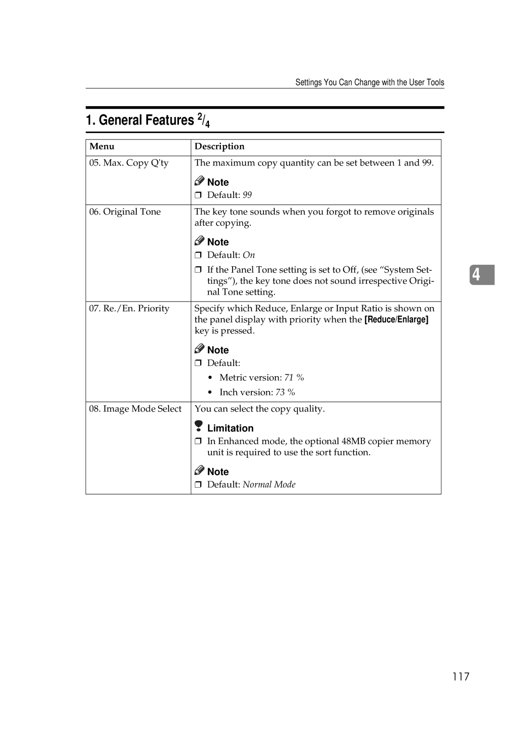 Savin 9927DP, 9922DP manual General Features 2/4, 117 