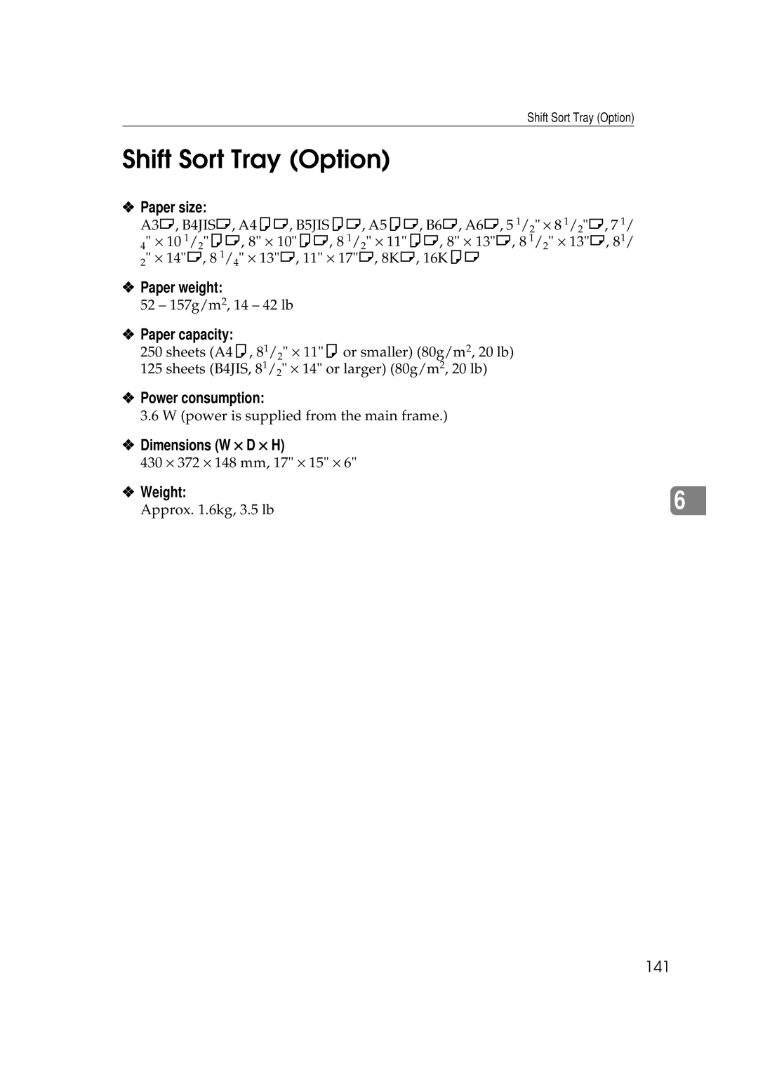 Savin 9927DP, 9922DP manual Shift Sort Tray Option, 141, Approx .6kg, 3.5 lb 