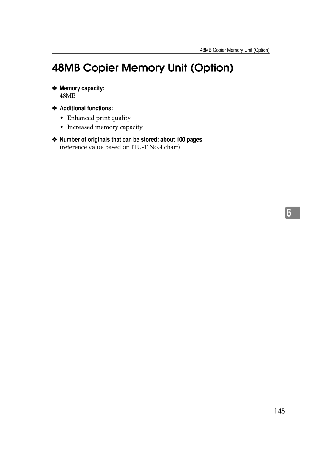 Savin 9927DP, 9922DP manual 48MB Copier Memory Unit Option, Memory capacity, Additional functions, 145 