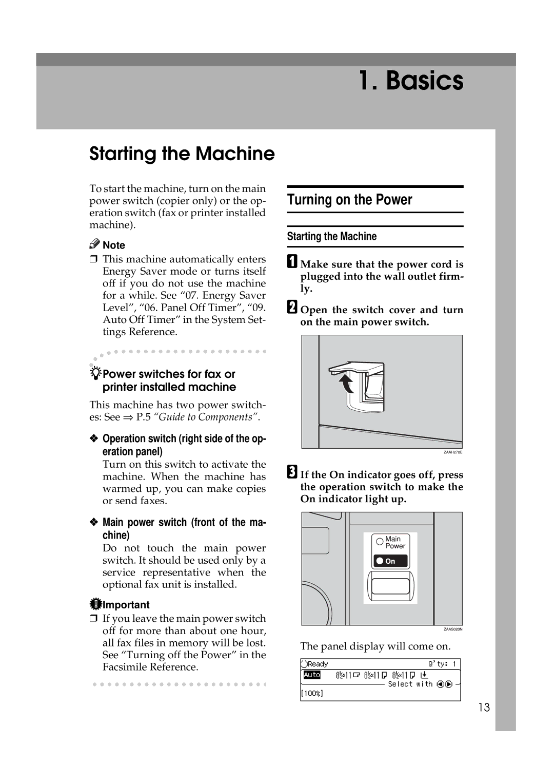 Savin 9927DP, 9922DP manual Starting the Machine, Turning on the Power, Power switches for fax or printer installed machine 