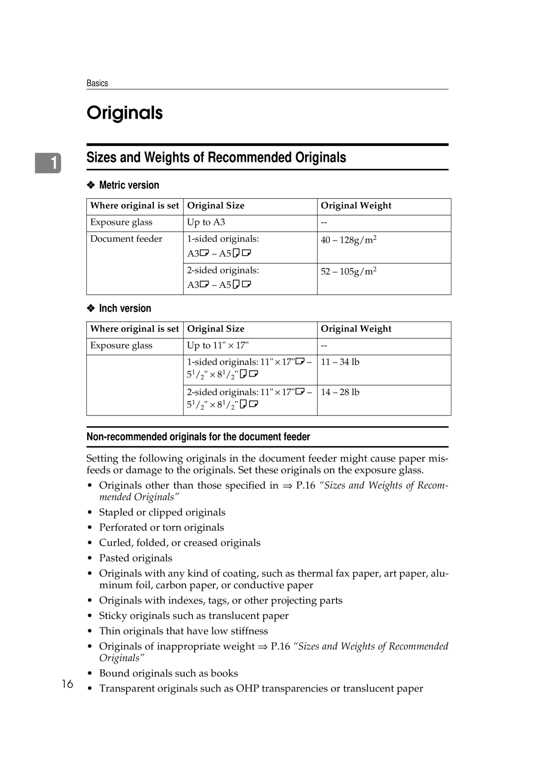 Savin 9922DP, 9927DP manual Sizes and Weights of Recommended Originals, Metric version, Inch version 