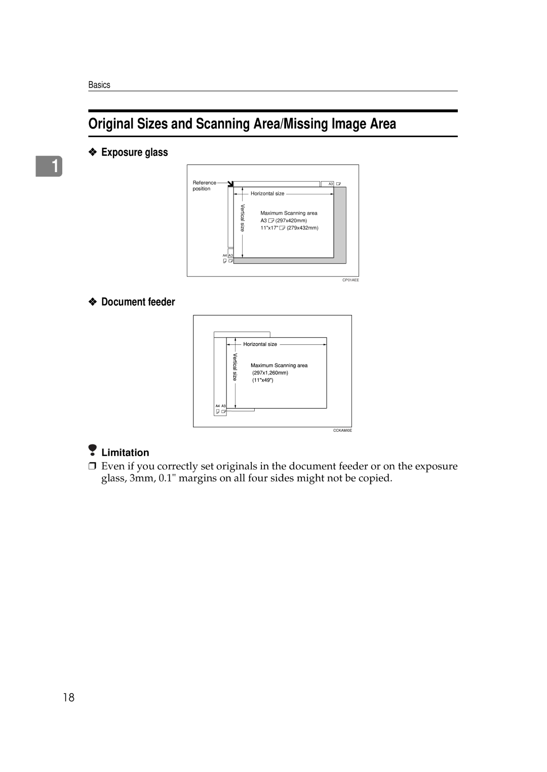 Savin 9922DP, 9927DP manual Original Sizes and Scanning Area/Missing Image Area, Exposure glass, Document feeder 