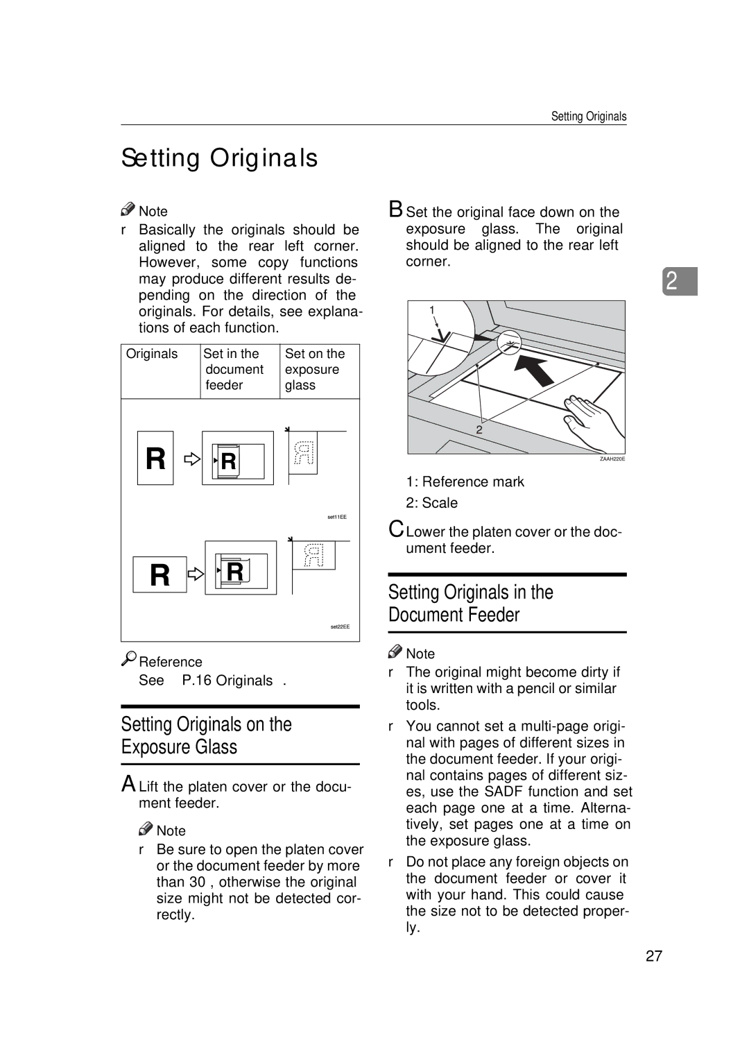 Savin 9927DP, 9922DP manual Setting Originals on the Exposure Glass, Setting Originals Document Feeder 