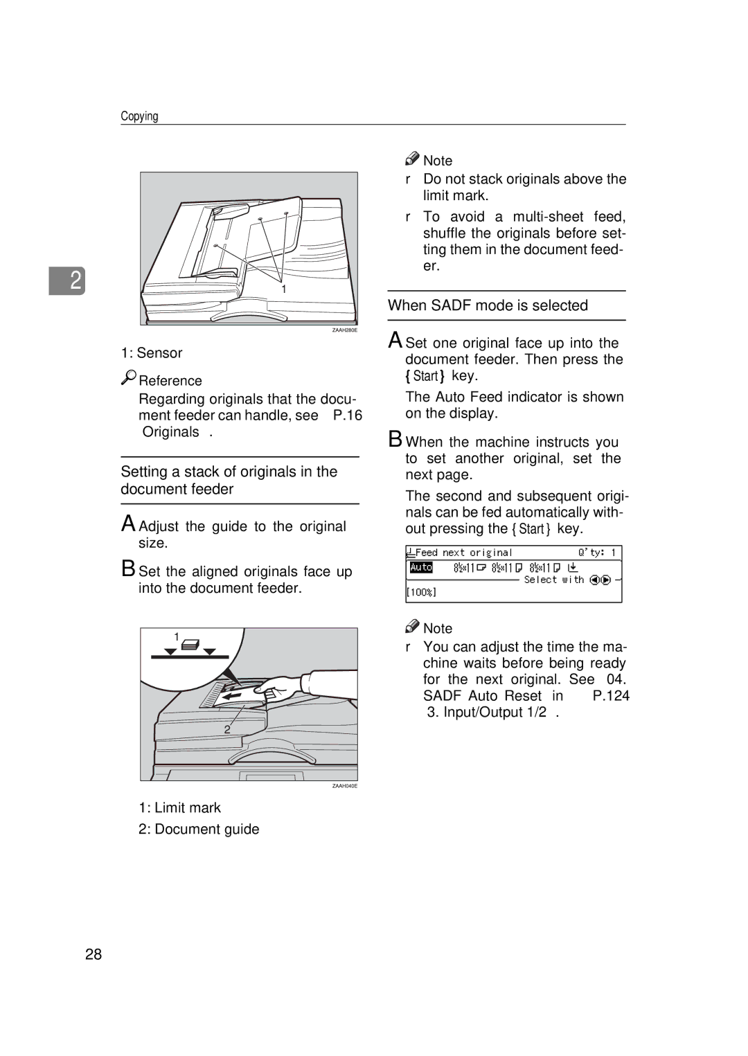 Savin 9922DP, 9927DP manual Setting a stack of originals in the document feeder, When Sadf mode is selected 