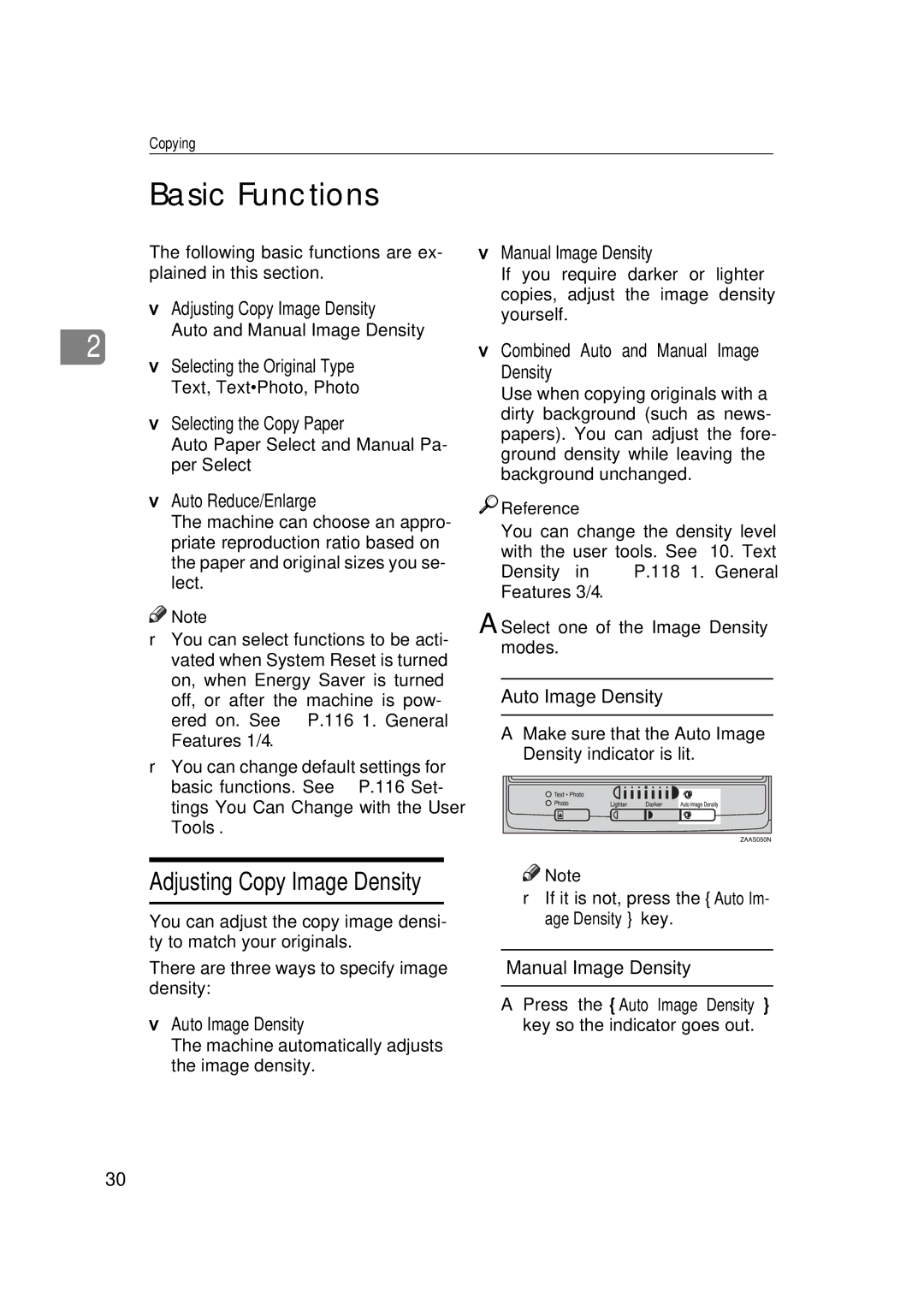 Savin 9922DP, 9927DP manual Basic Functions, Adjusting Copy Image Density 