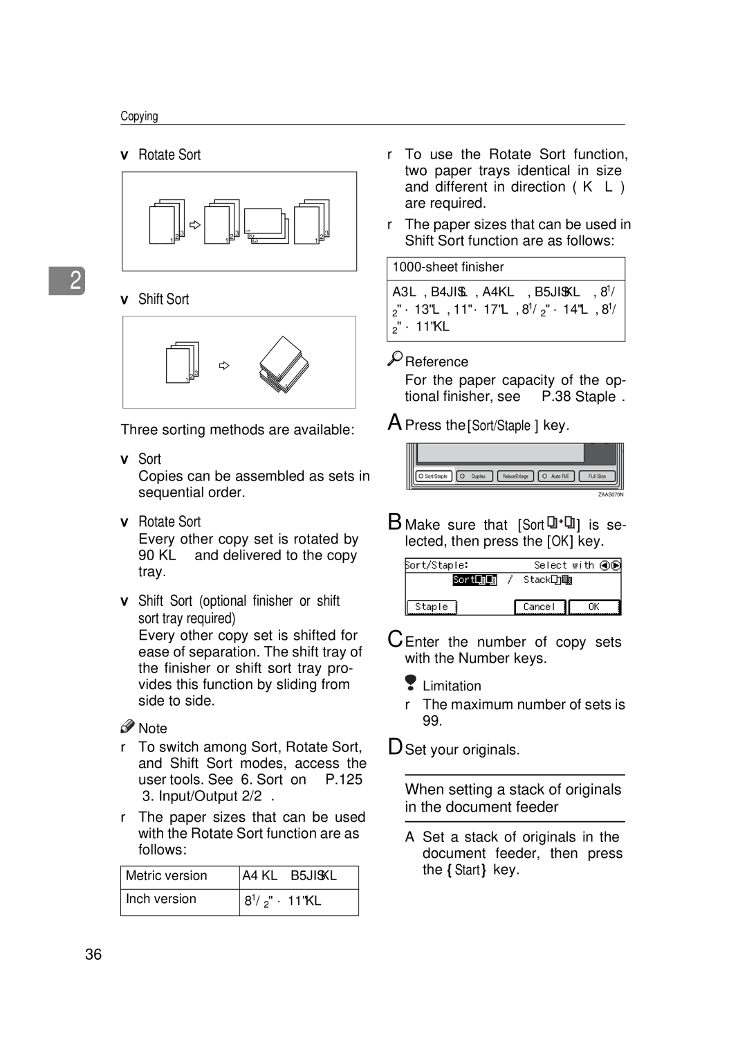 Savin 9922DP, 9927DP manual Rotate Sort Shift Sort, Shift Sort optional finisher or shift sort tray required 