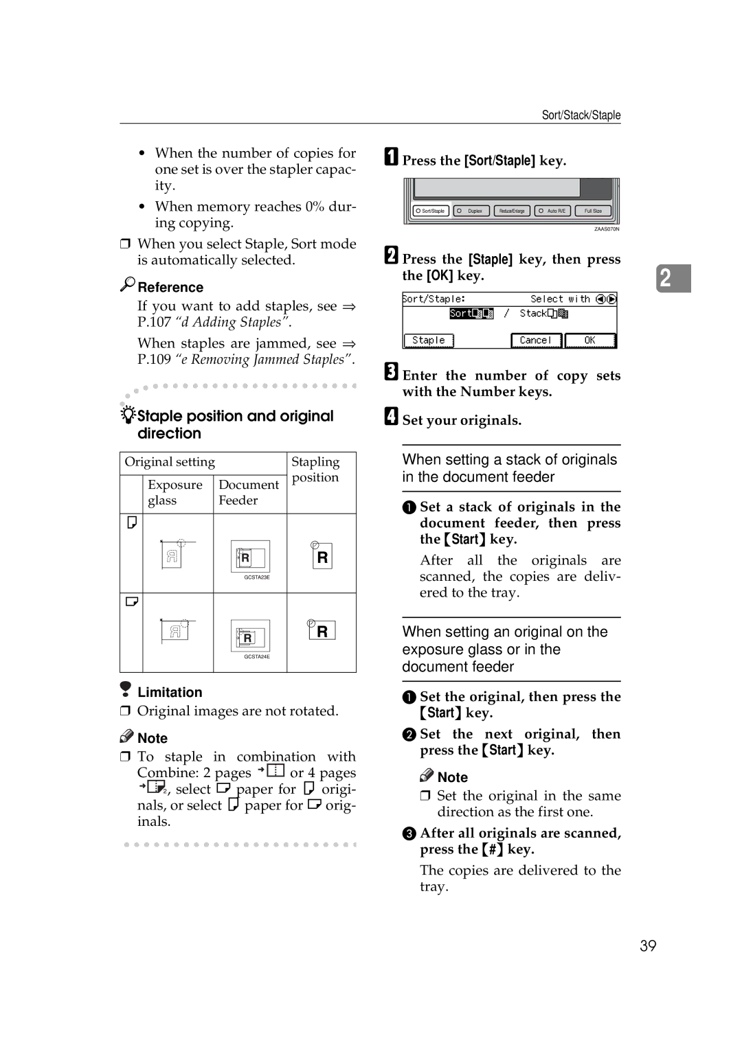 Savin 9927DP, 9922DP manual Staple position and original direction 