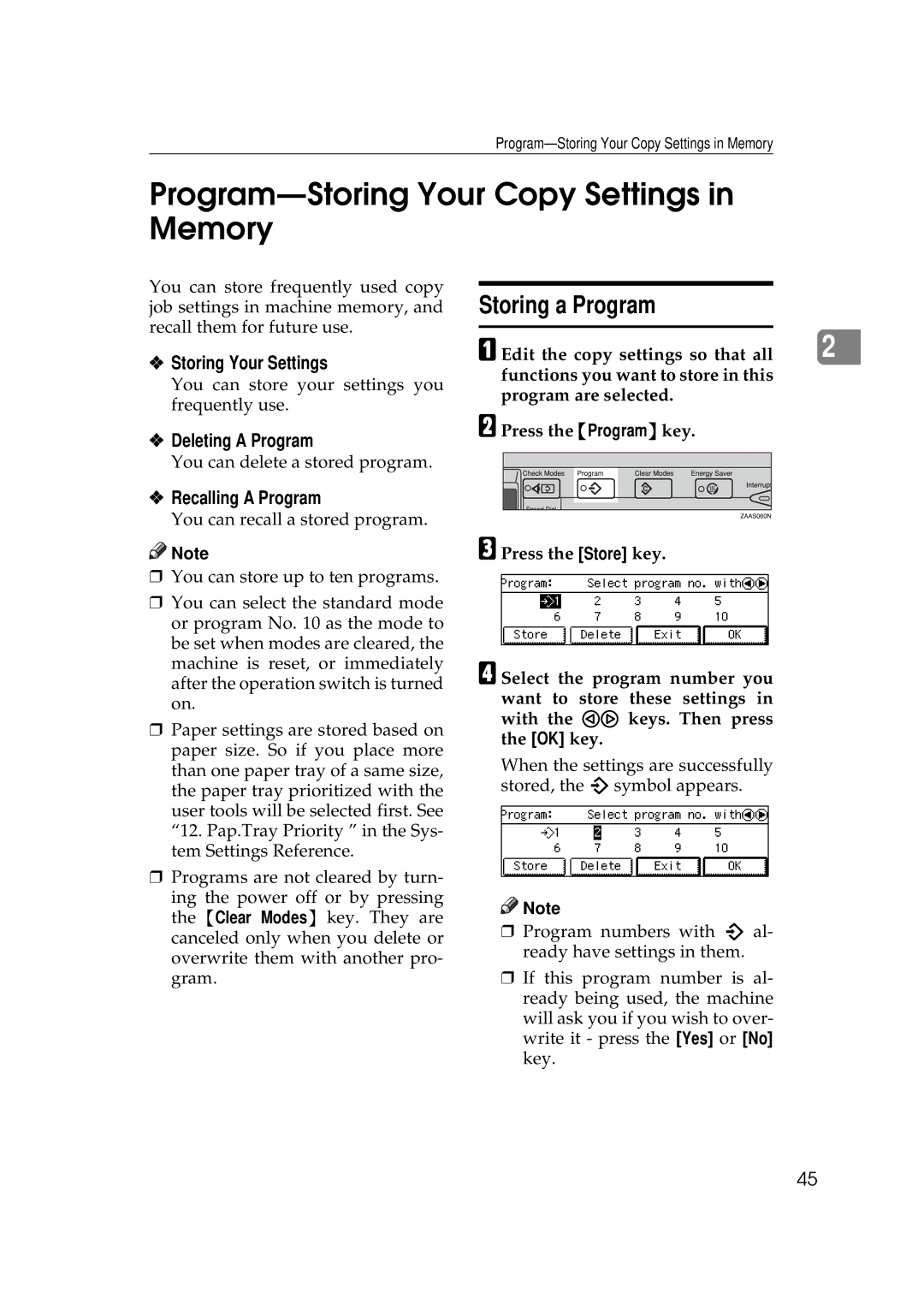 Savin 9927DP Program-Storing Your Copy Settings in Memory, Storing a Program, Storing Your Settings, Deleting a Program 