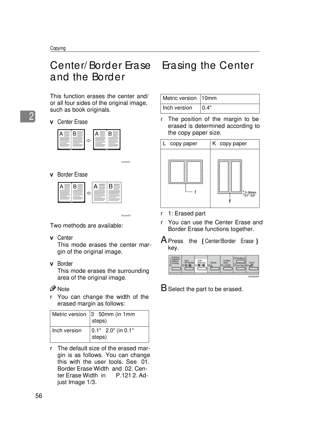 Savin 9922DP, 9927DP manual Center/Border Erase-Erasing the Center and the Border, Center Erase 