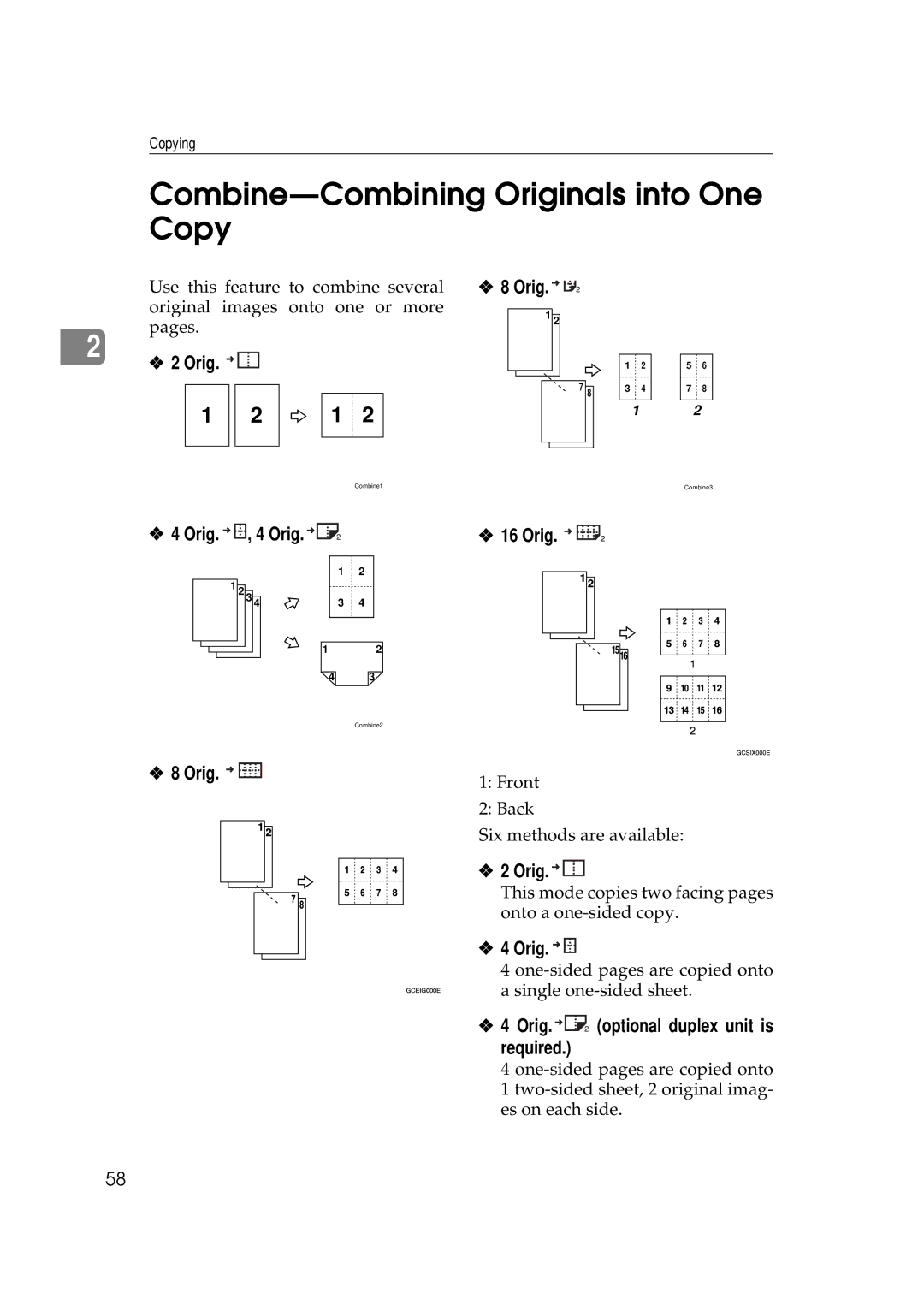 Savin 9922DP, 9927DP manual Combine-Combining Originals into One Copy, Orig. optional duplex unit is required, Front 