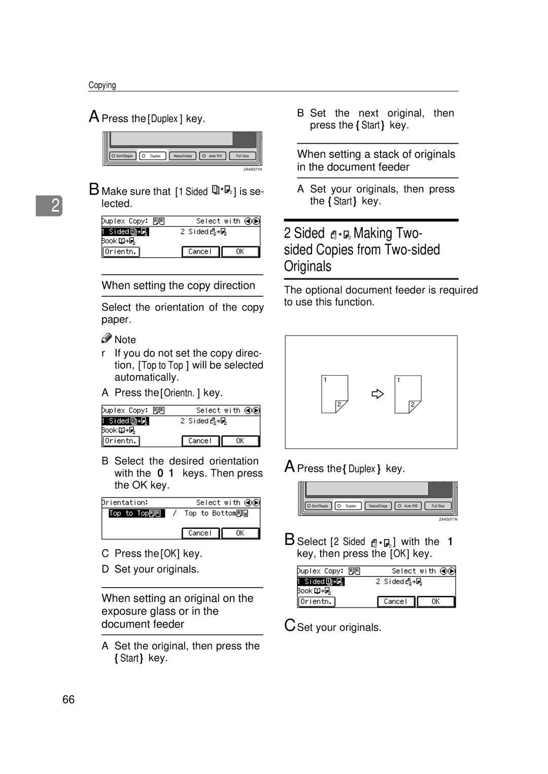 Savin 9922DP, 9927DP manual Sided -Making Two- sided Copies from Two-sided Originals, When setting the copy direction 