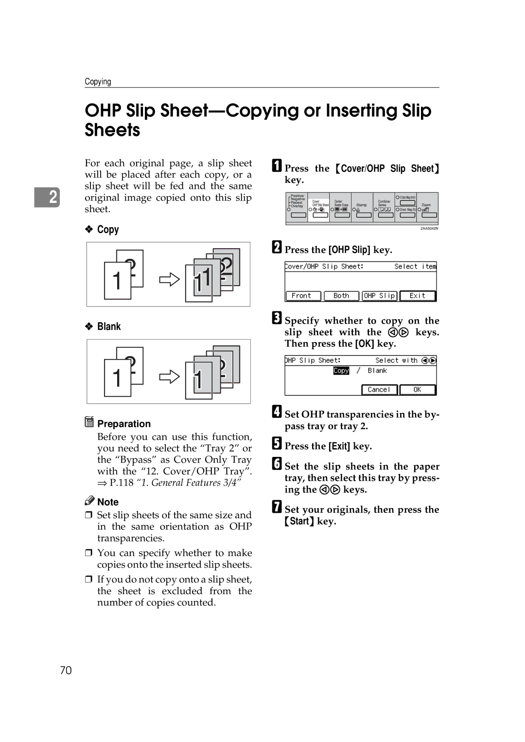 Savin 9922DP, 9927DP manual OHP Slip Sheet-Copying or Inserting Slip Sheets 