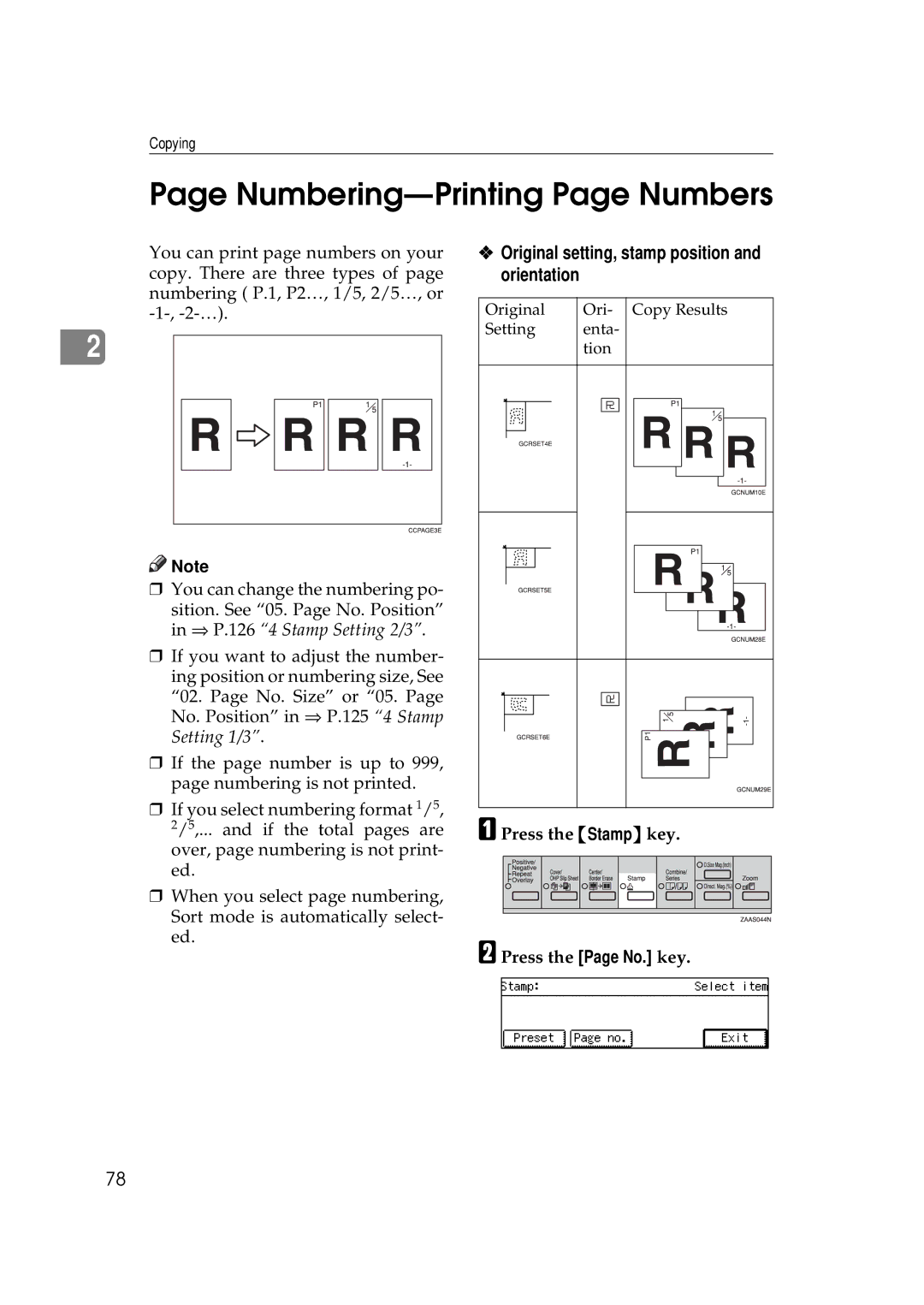 Savin 9922DP, 9927DP manual Numbering-Printing Page Numbers, Original setting, stamp position and orientation 