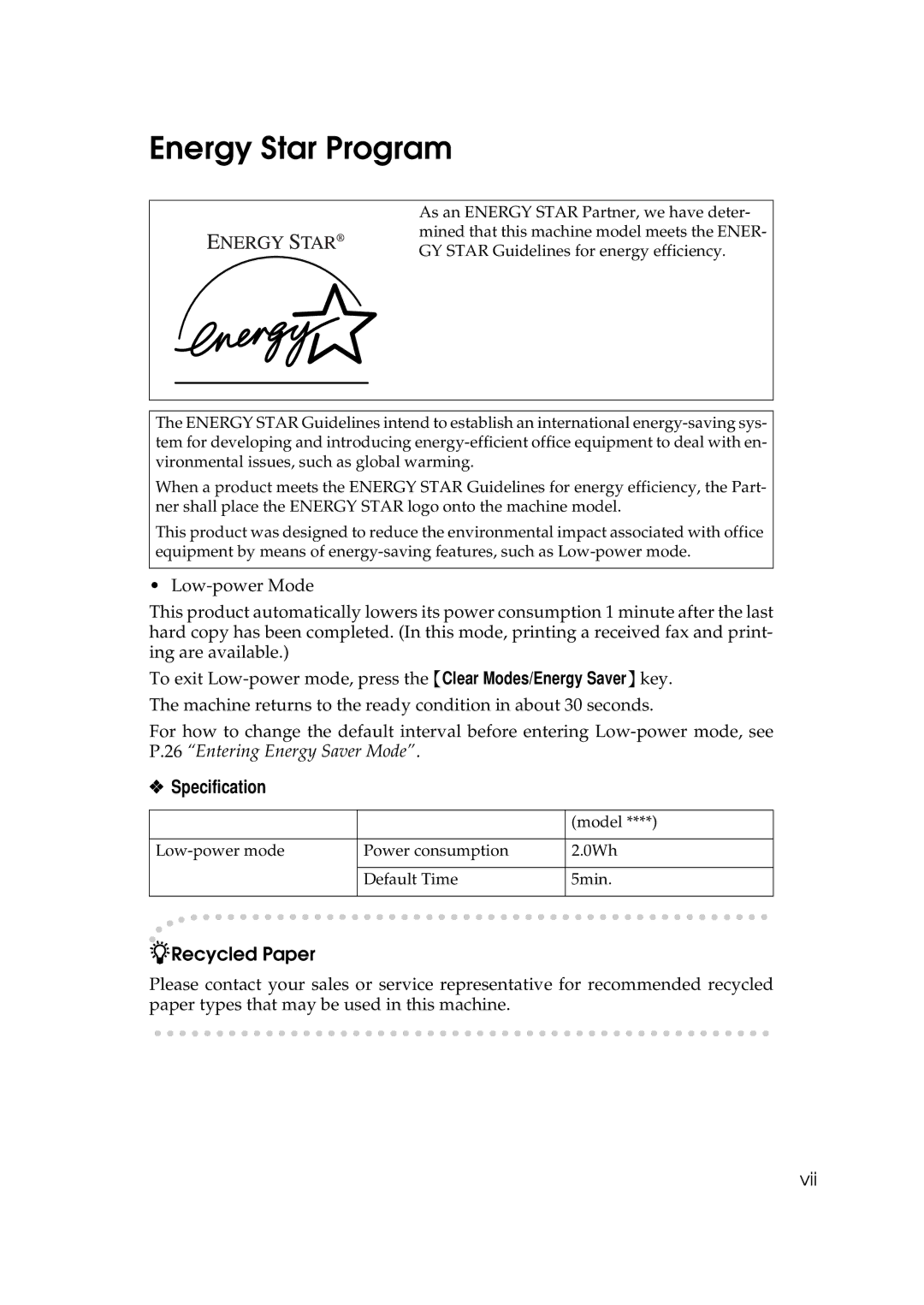 Savin 9980, 3699 manual Energy Star Program, Specification 