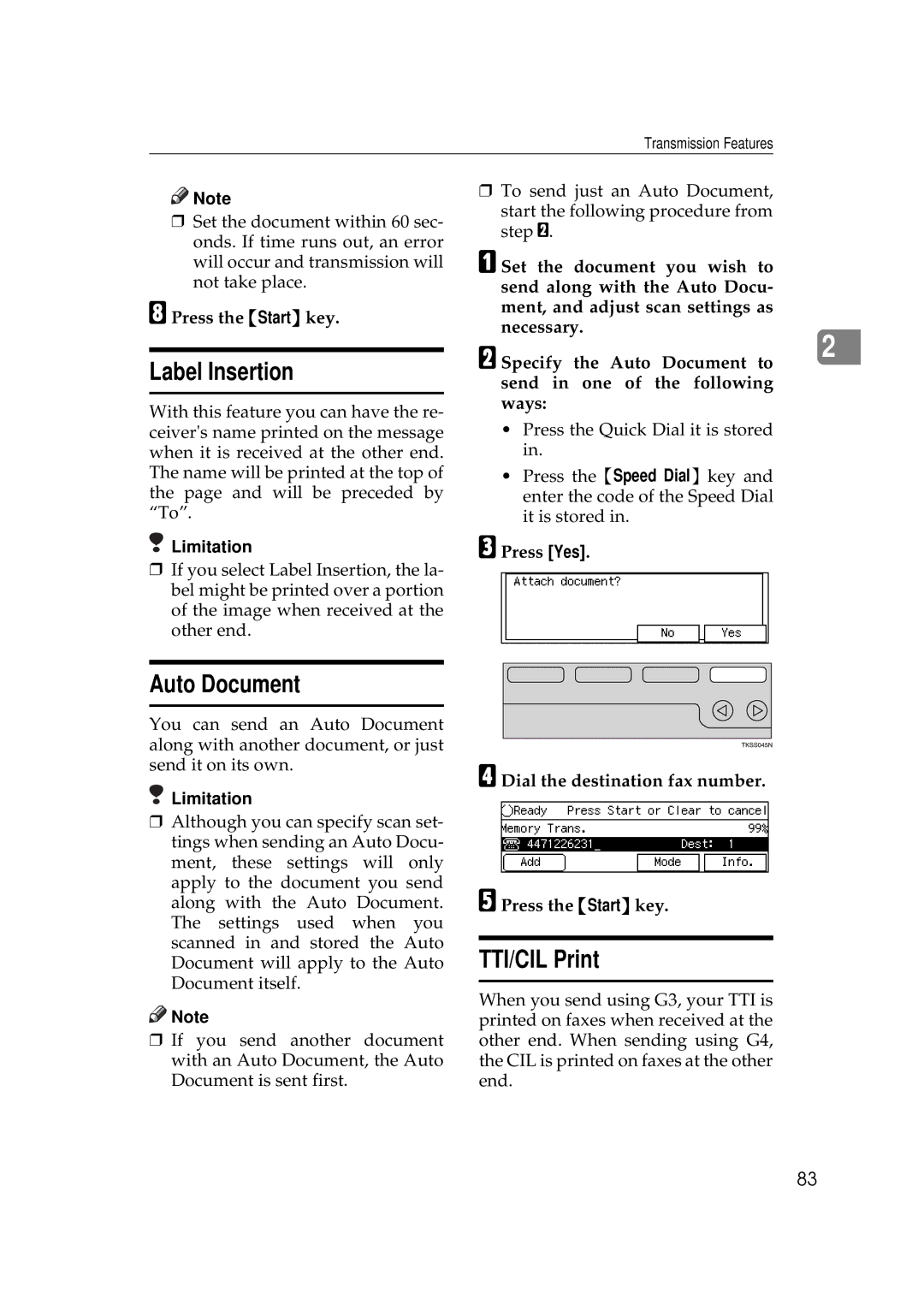 Savin 9980, 3699 manual Label Insertion, Auto Document, TTI/CIL Print, Dial the destination fax number Press the Start key 