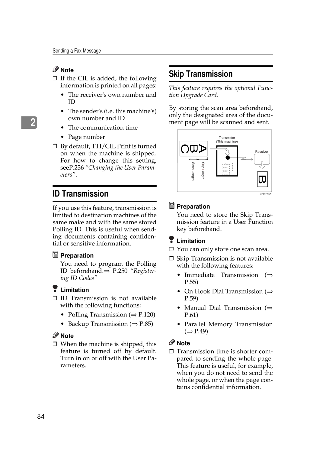 Savin 3699, 9980 manual Skip Transmission, ID Transmission, This feature requires the optional Func- tion Upgrade Card 