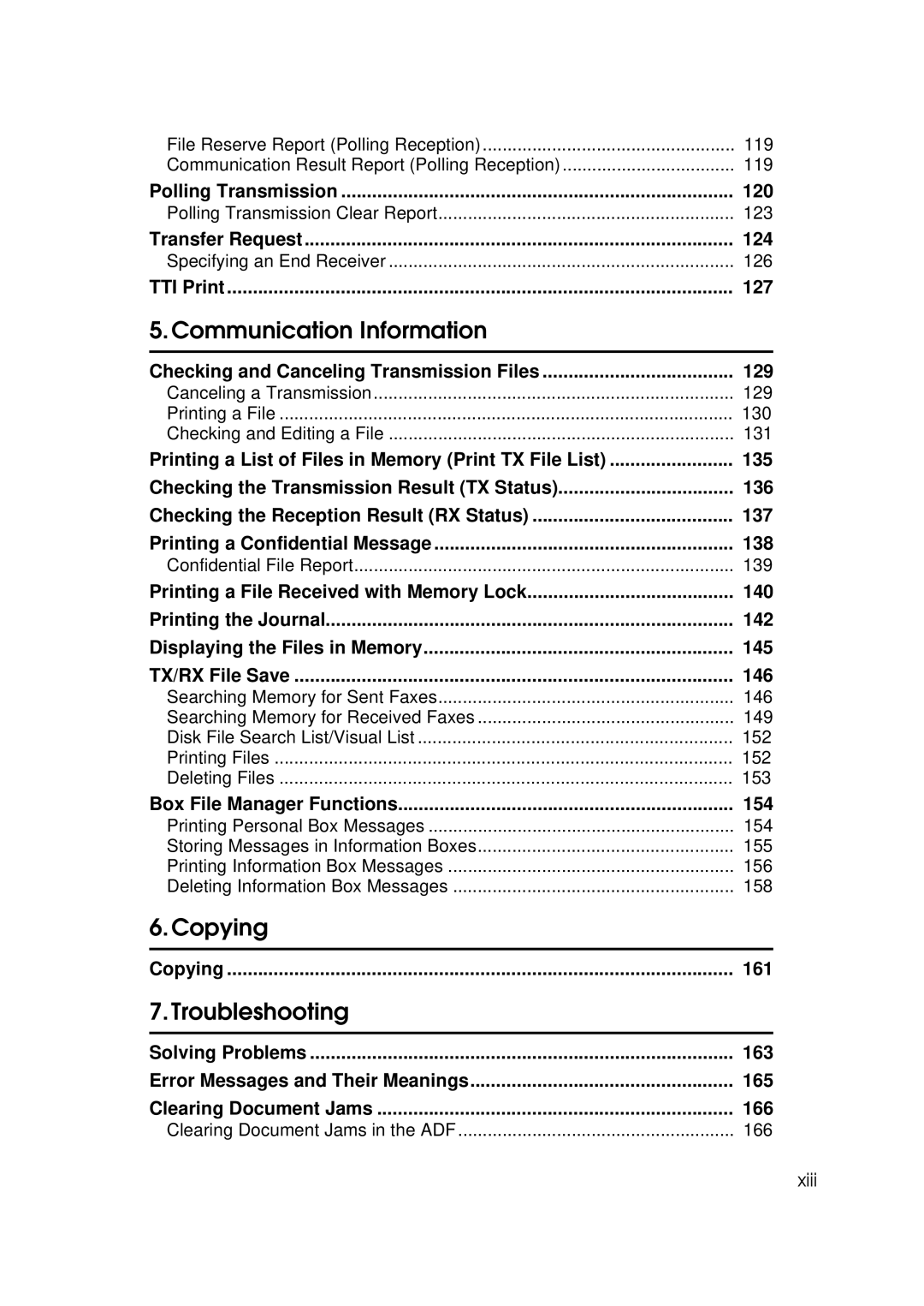 Savin 9980 Polling Transmission 120, Transfer Request 124, TTI Print 127, Checking and Canceling Transmission Files 129 