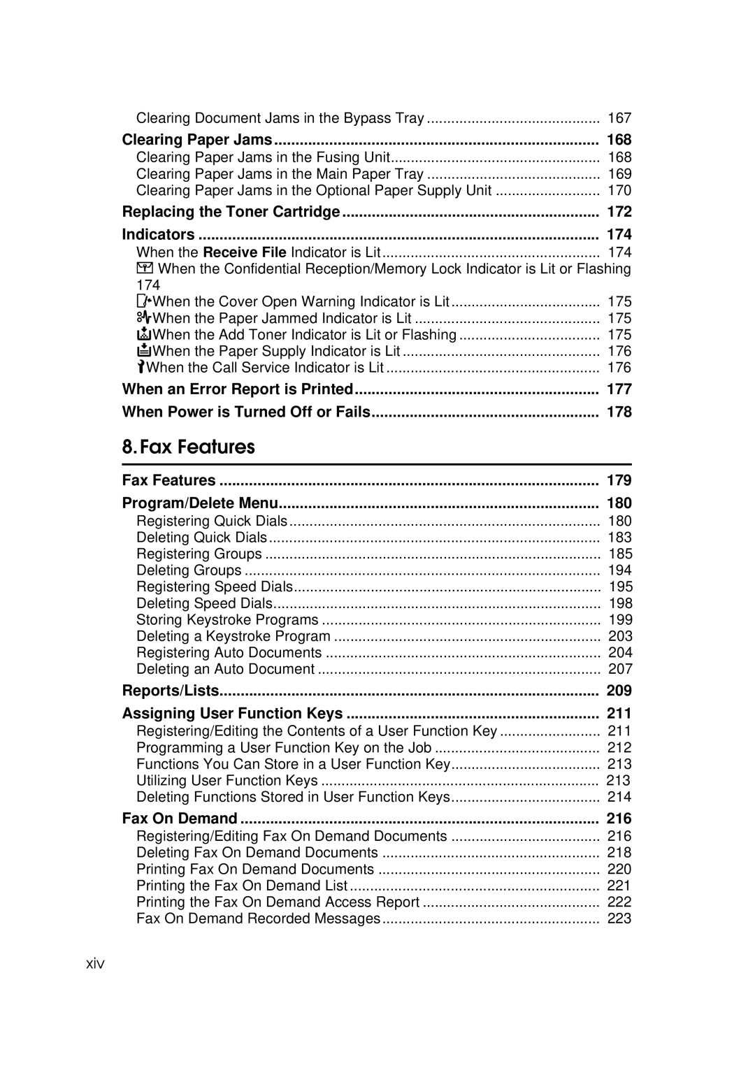 Savin 3699, 9980 manual Clearing Paper Jams 168, Replacing the Toner Cartridge 172 Indicators 174, Fax On Demand 216 