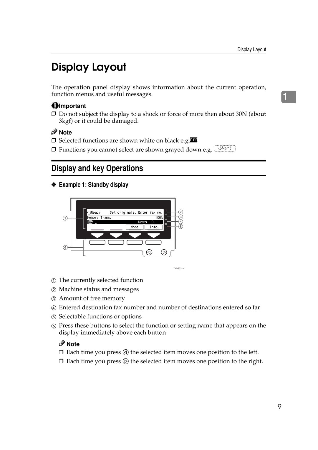 Savin 9980, 3699 manual Display Layout, Display and key Operations, Example 1 Standby display 