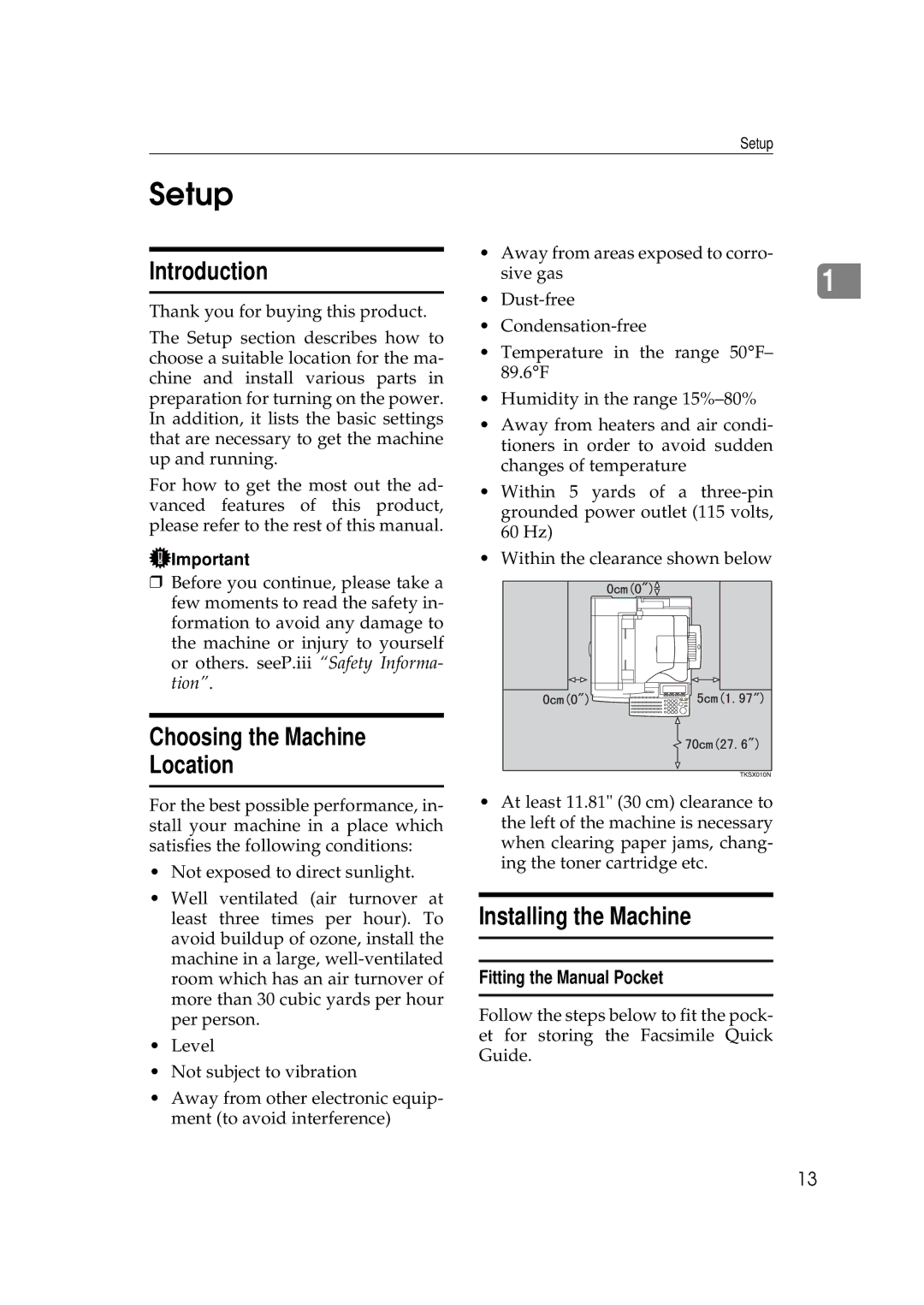 Savin 9980, 3699 Setup, Introduction, Choosing the Machine Location, Installing the Machine, Fitting the Manual Pocket 