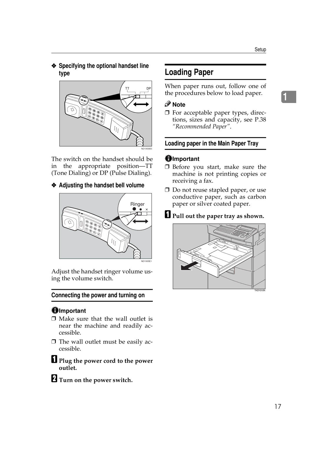 Savin 9980, 3699 manual Loading Paper, Specifying the optional handset line type, Adjusting the handset bell volume 