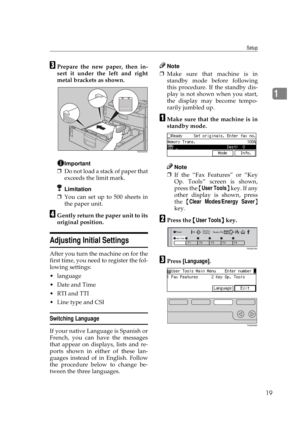 Savin 9980, 3699 manual Adjusting Initial Settings, Switching Language, Make sure that the machine is in standby mode 