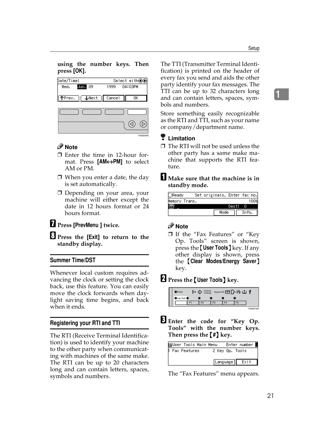 Savin 9980, 3699 manual Summer Time/DST, Registering your RTI and TTI, Using the number keys. Then press OK 