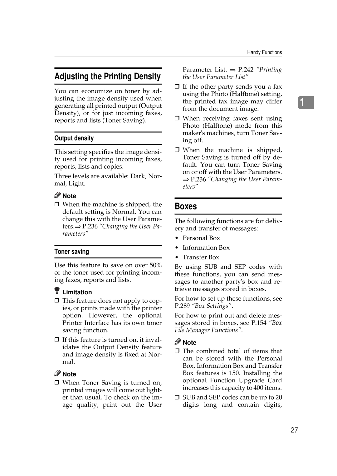 Savin 9980, 3699 manual Boxes, Output density, Toner saving, User Parameter List, ⇒ P.236 Changing the User Param- eters 