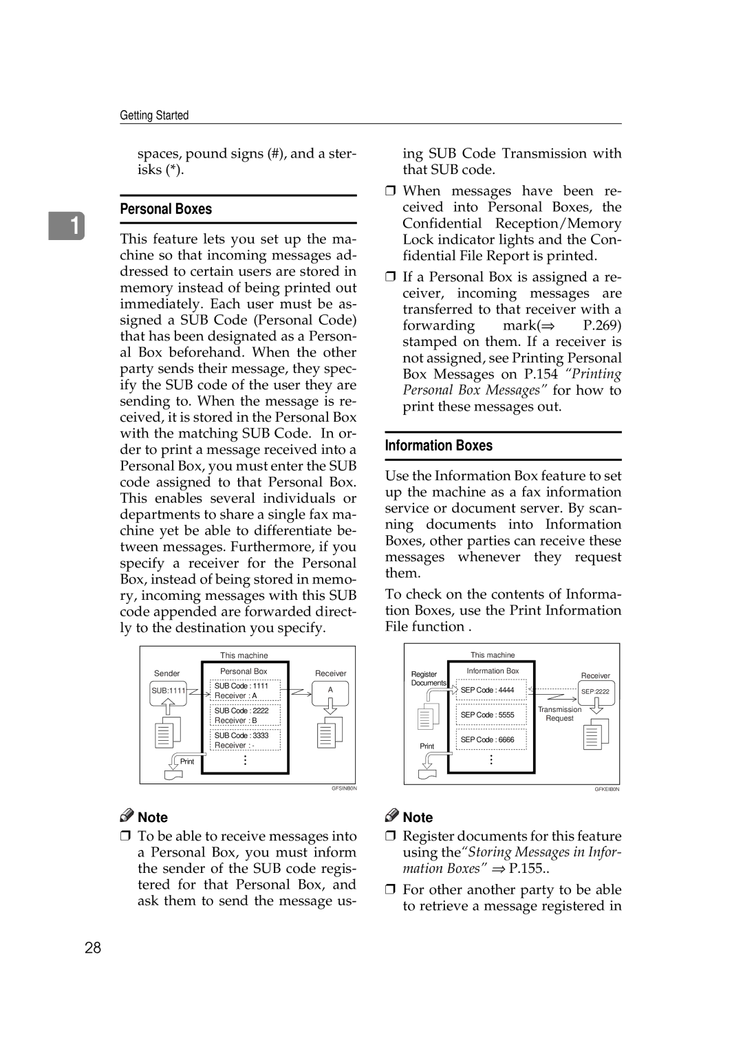 Savin 3699, 9980 manual Personal Boxes, Information Boxes, Using theStoring Messages in Infor- mation Boxes ⇒ P.155 