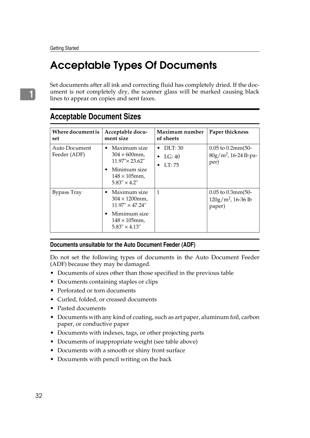 Savin 3699 Acceptable Types Of Documents, Acceptable Document Sizes, Documents unsuitable for the Auto Document Feeder ADF 