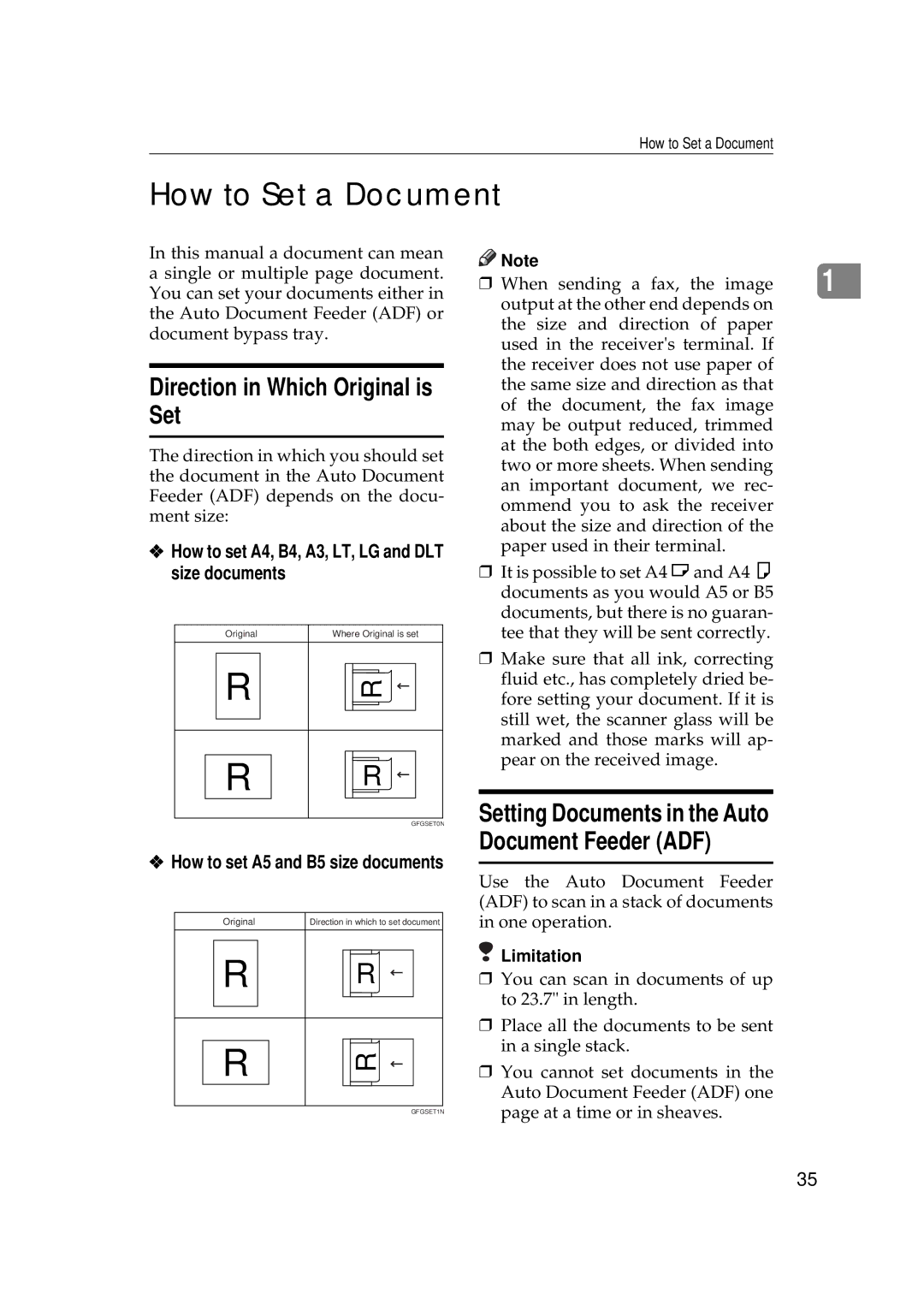 Savin 9980 How to Set a Document, Direction in Which Original is Set, How to set A4, B4, A3, LT, LG and DLT size documents 