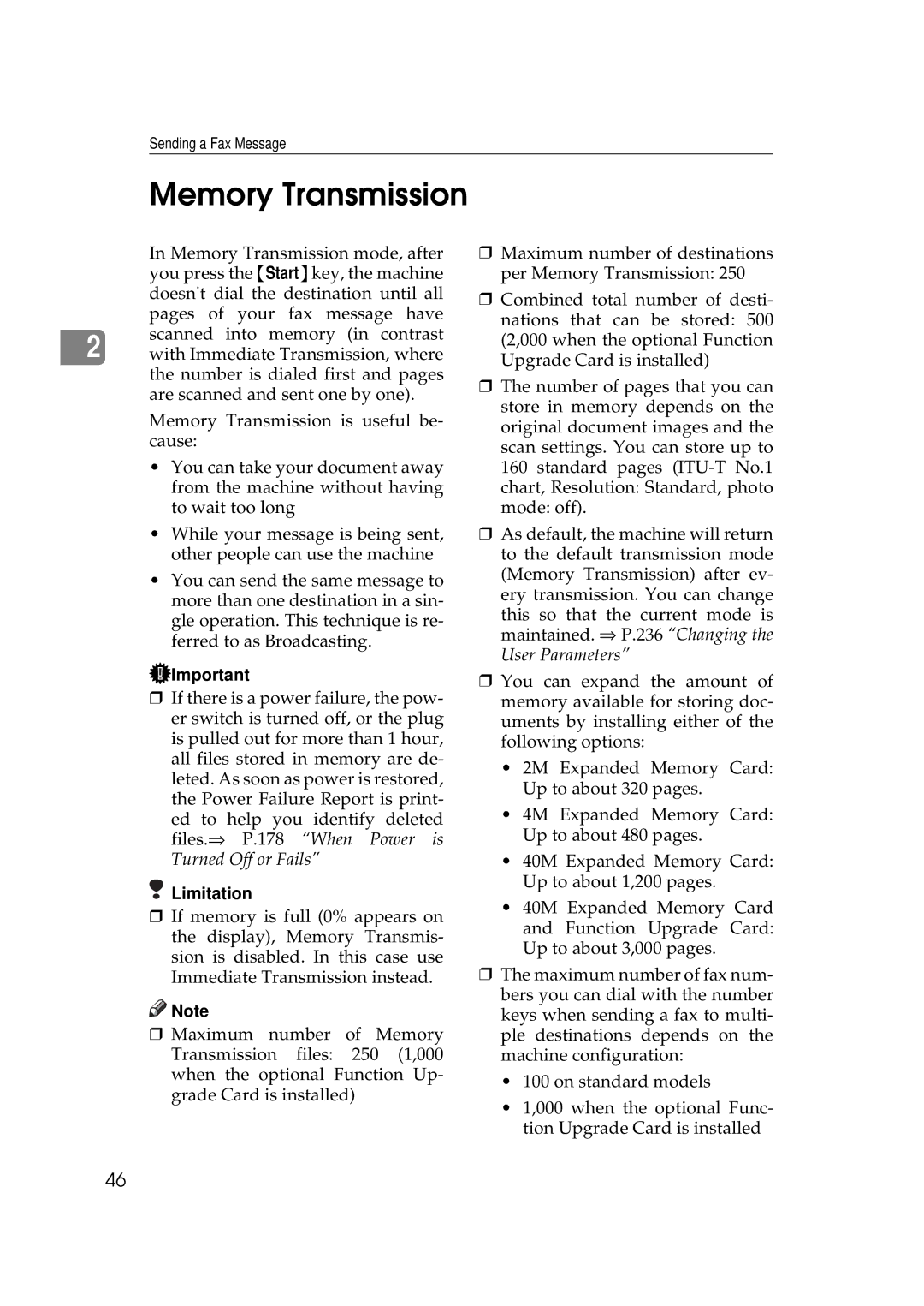 Savin 3699, 9980 manual Memory Transmission, Limitation 