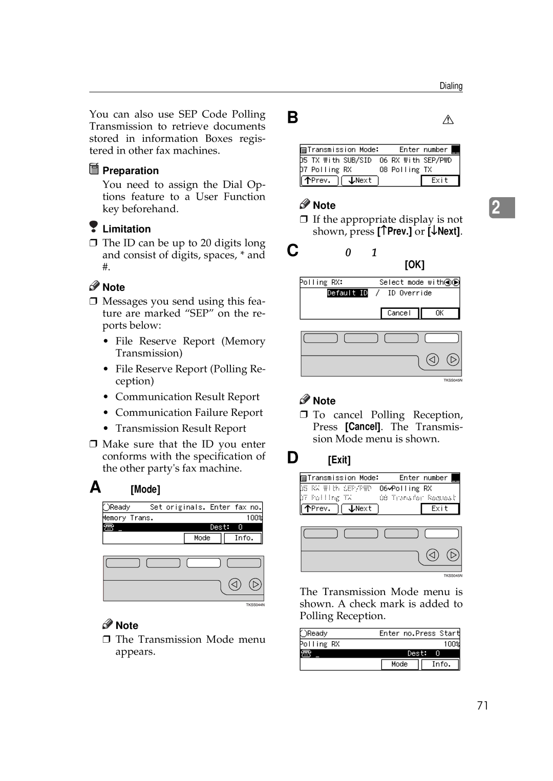 Savin 9980, 3699 manual Press Mode, Enter the code for Polling RX with the number keys 