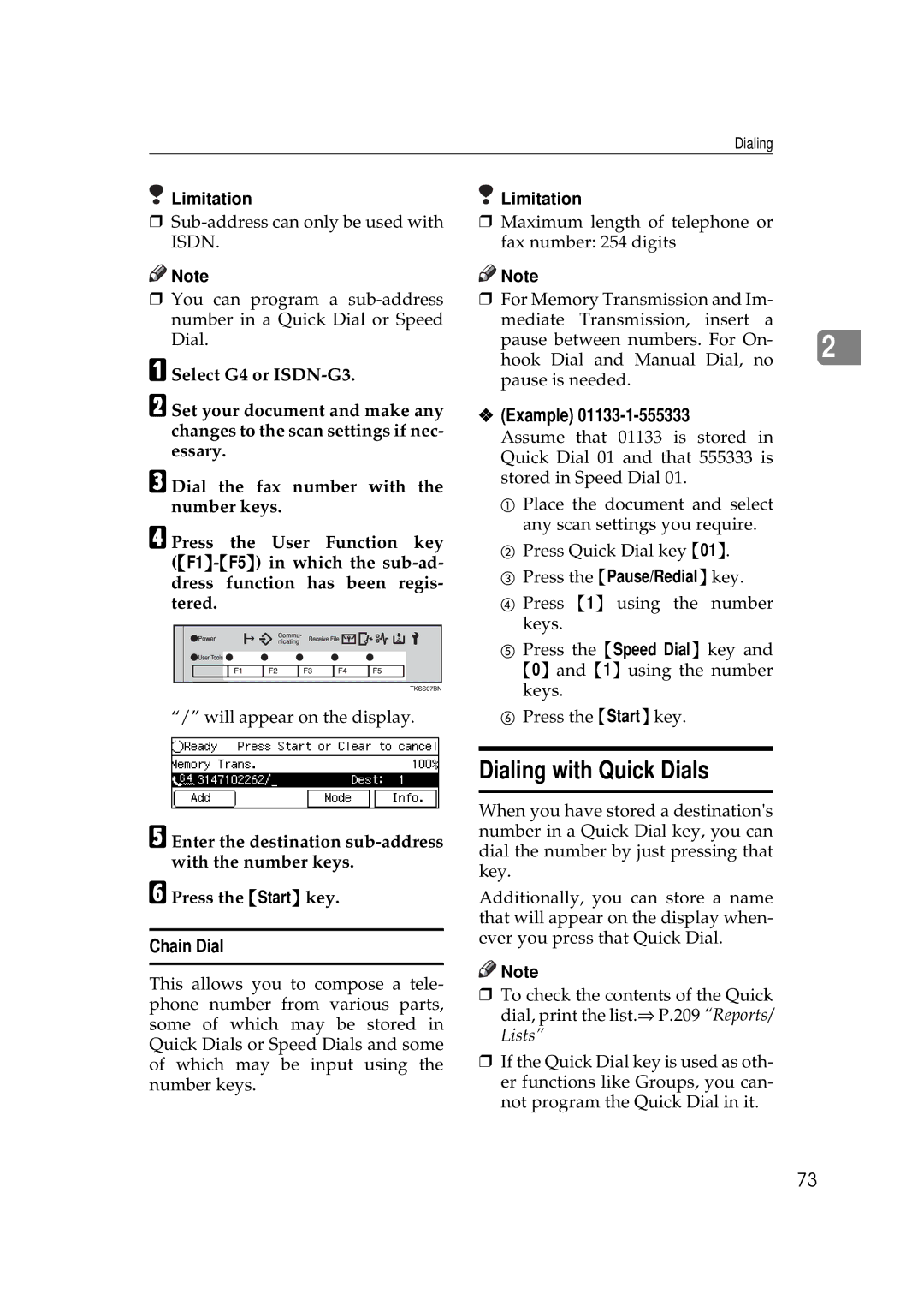 Savin 9980, 3699 manual Dialing with Quick Dials, Example, Chain Dial 