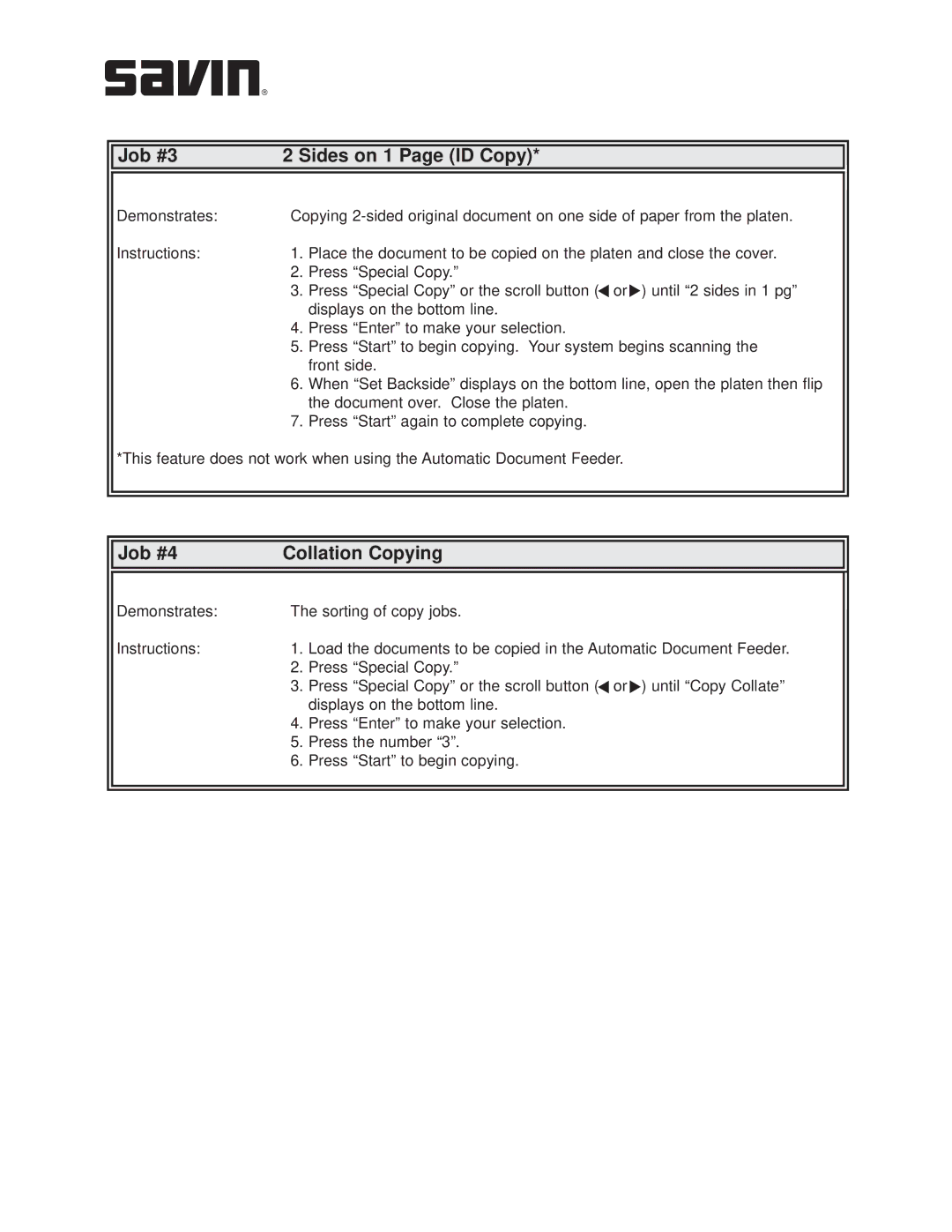 Savin AC205L manual Job #3 Sides on 1 Page ID Copy, Job #4 Collation Copying 