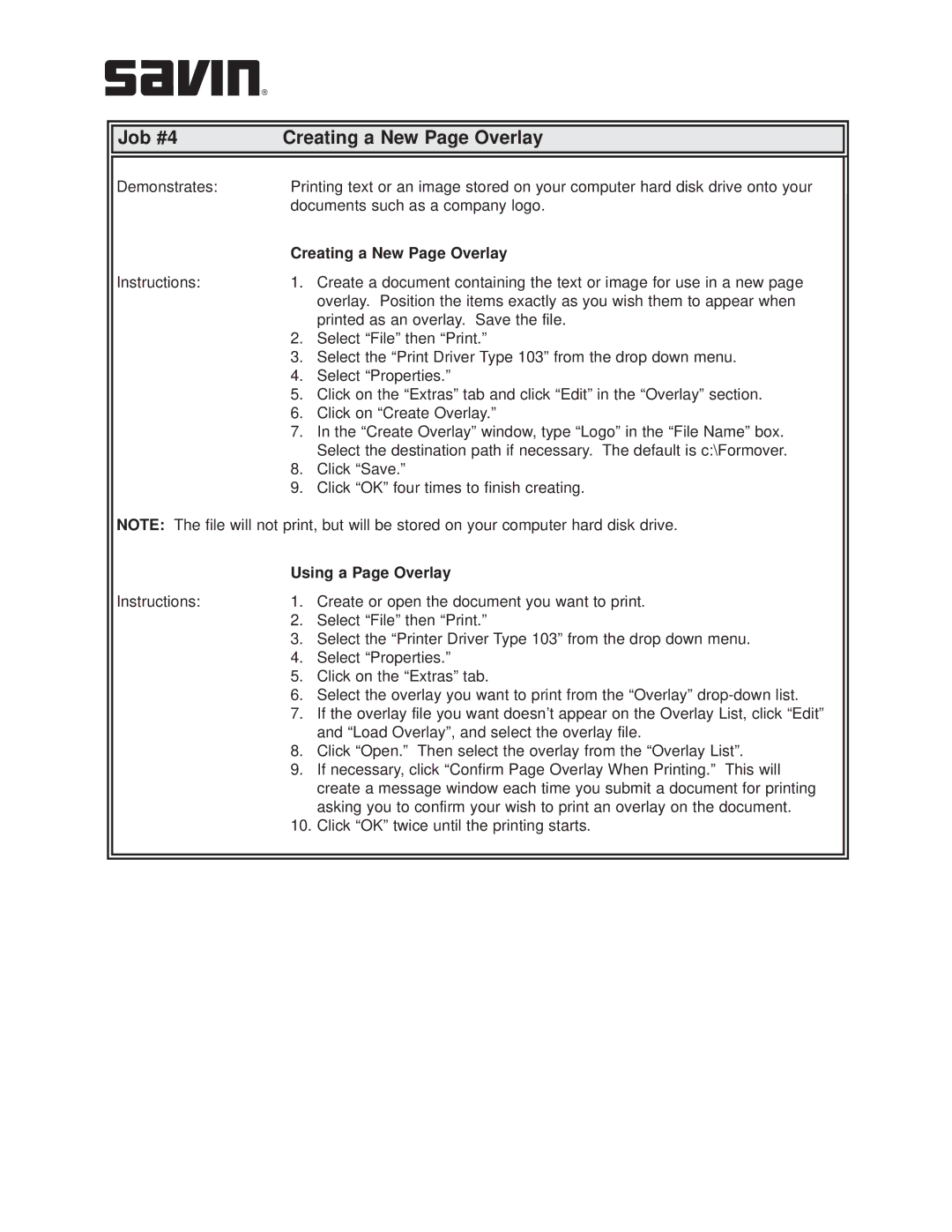 Savin AC205L manual Job #4 Creating a New Page Overlay, Using a Page Overlay 