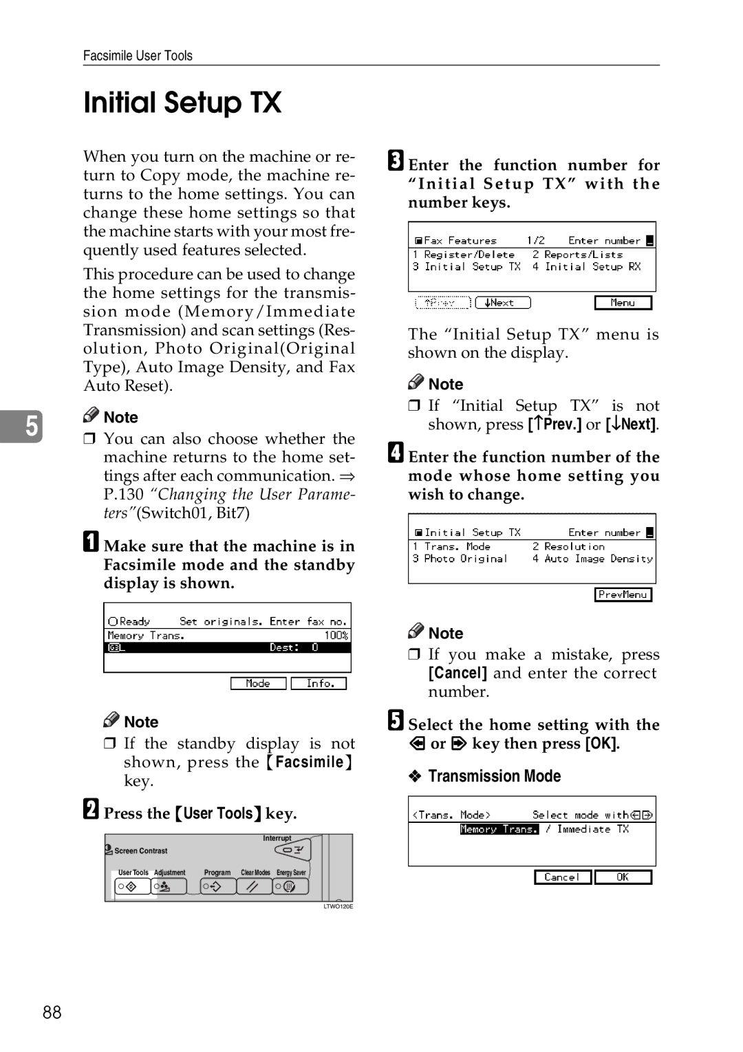 Savin C4535, C2824, C3528 manual Initial Setup TX, Transmission Mode, Select the home setting with Or key then press OK 