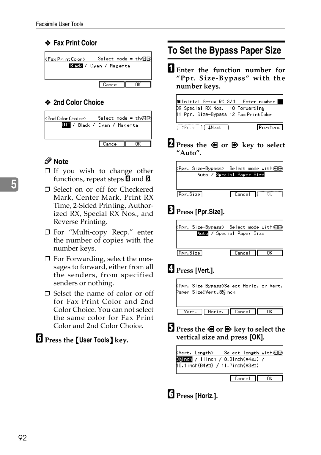 Savin C2824, C3528, C4535 manual To Set the Bypass Paper Size, Fax Print Color 2nd Color Choice 