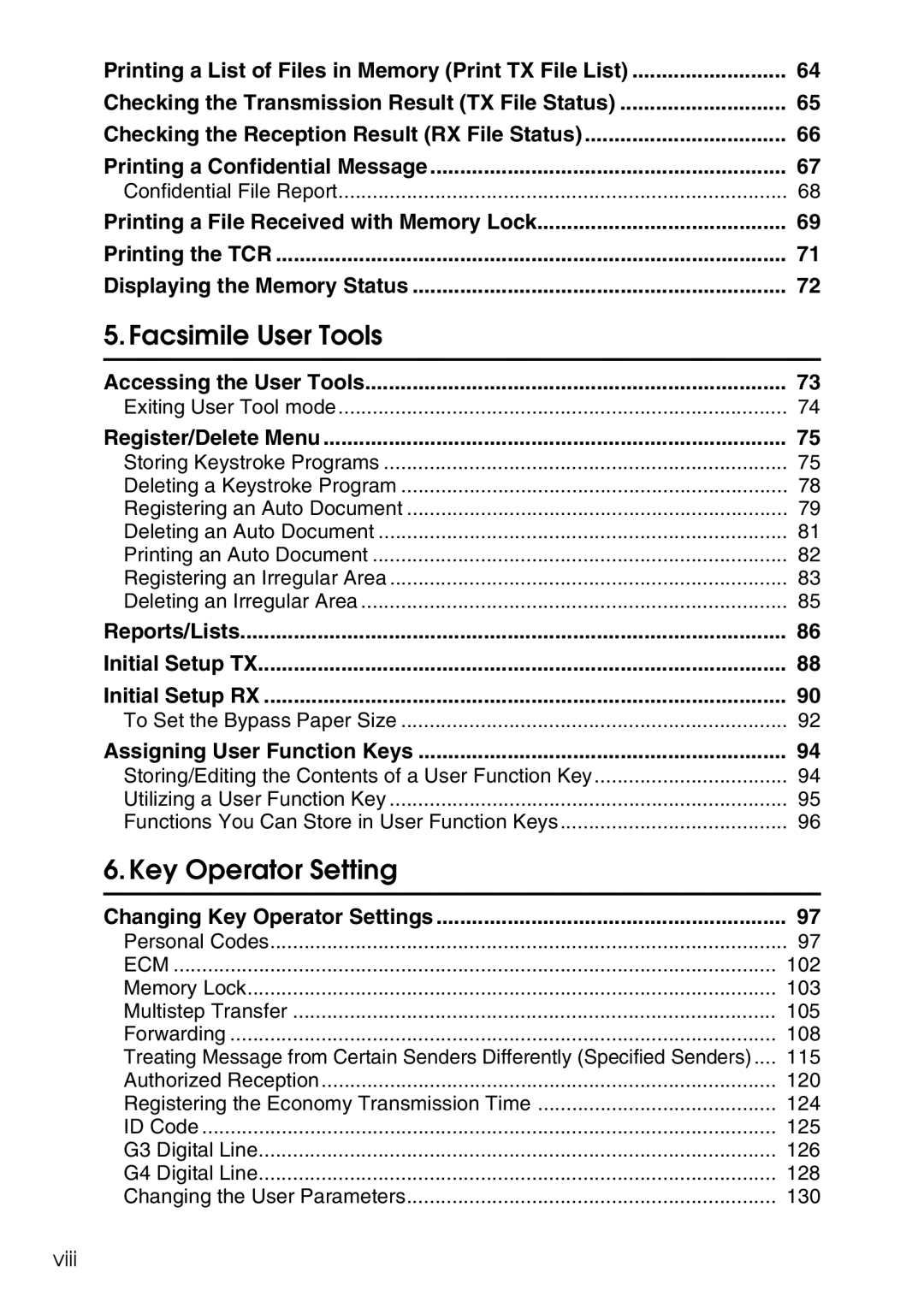 Savin C4535, C2824, C3528 manual Facsimile User Tools, Viii 