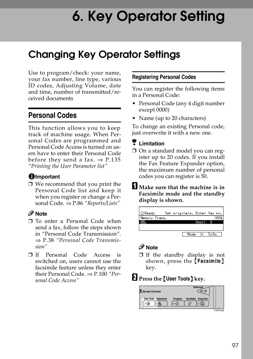 Savin C4535, C2824 Changing Key Operator Settings, Registering Personal Codes, ⇒ P.38 Personal Code Transmis- sion 