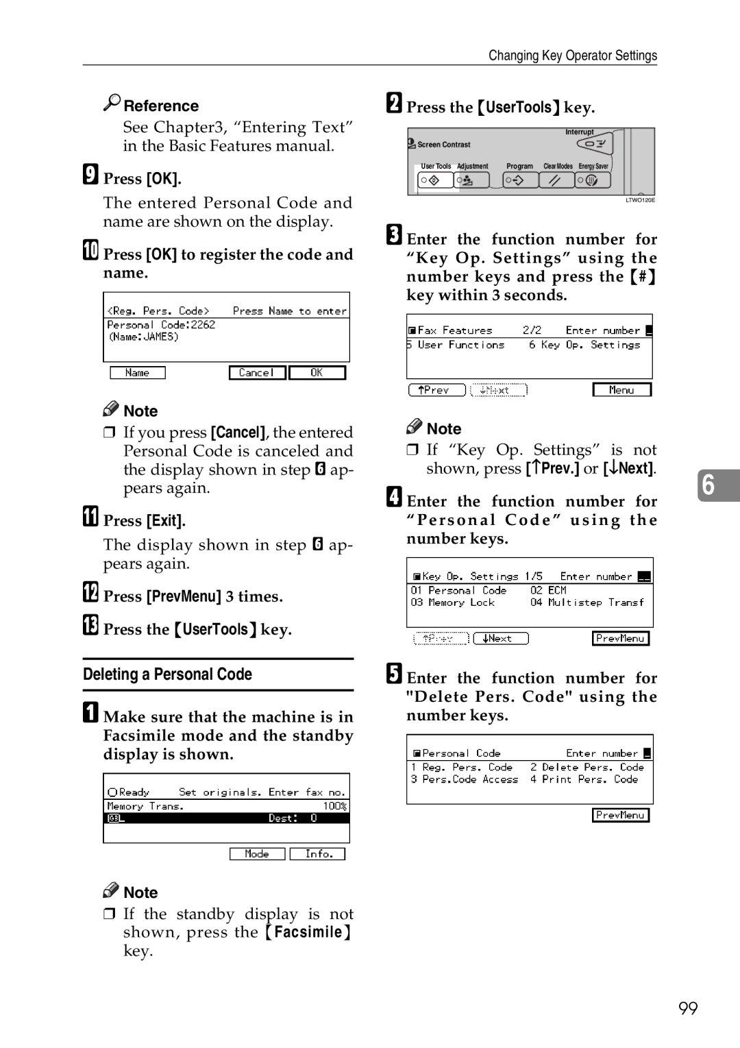 Savin C3528, C2824, C4535 manual Deleting a Personal Code, Press OK to register the code and name, Press the UserTools key 